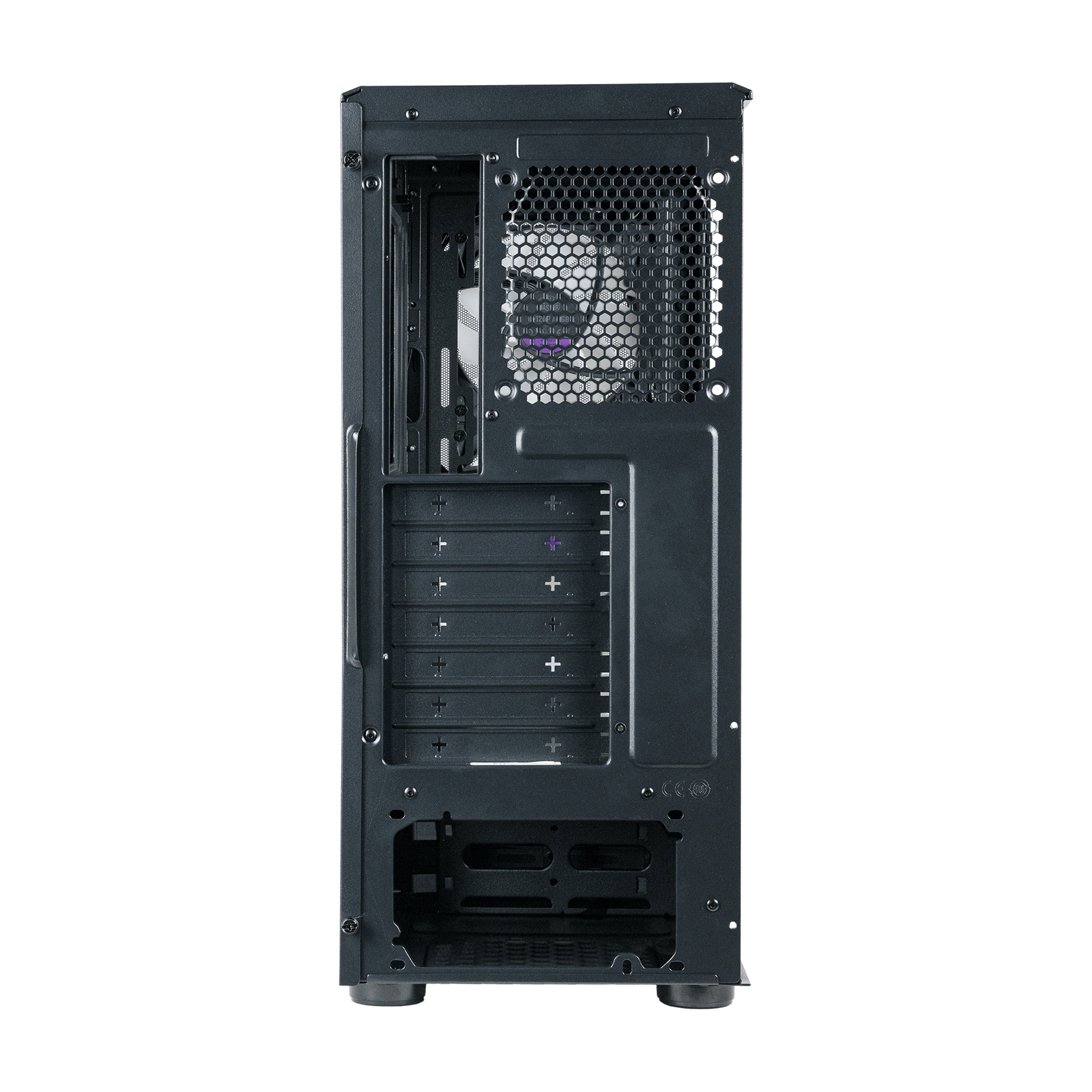 Zwarte computerkast, achteraanzicht, met ventilator en diverse openingen.