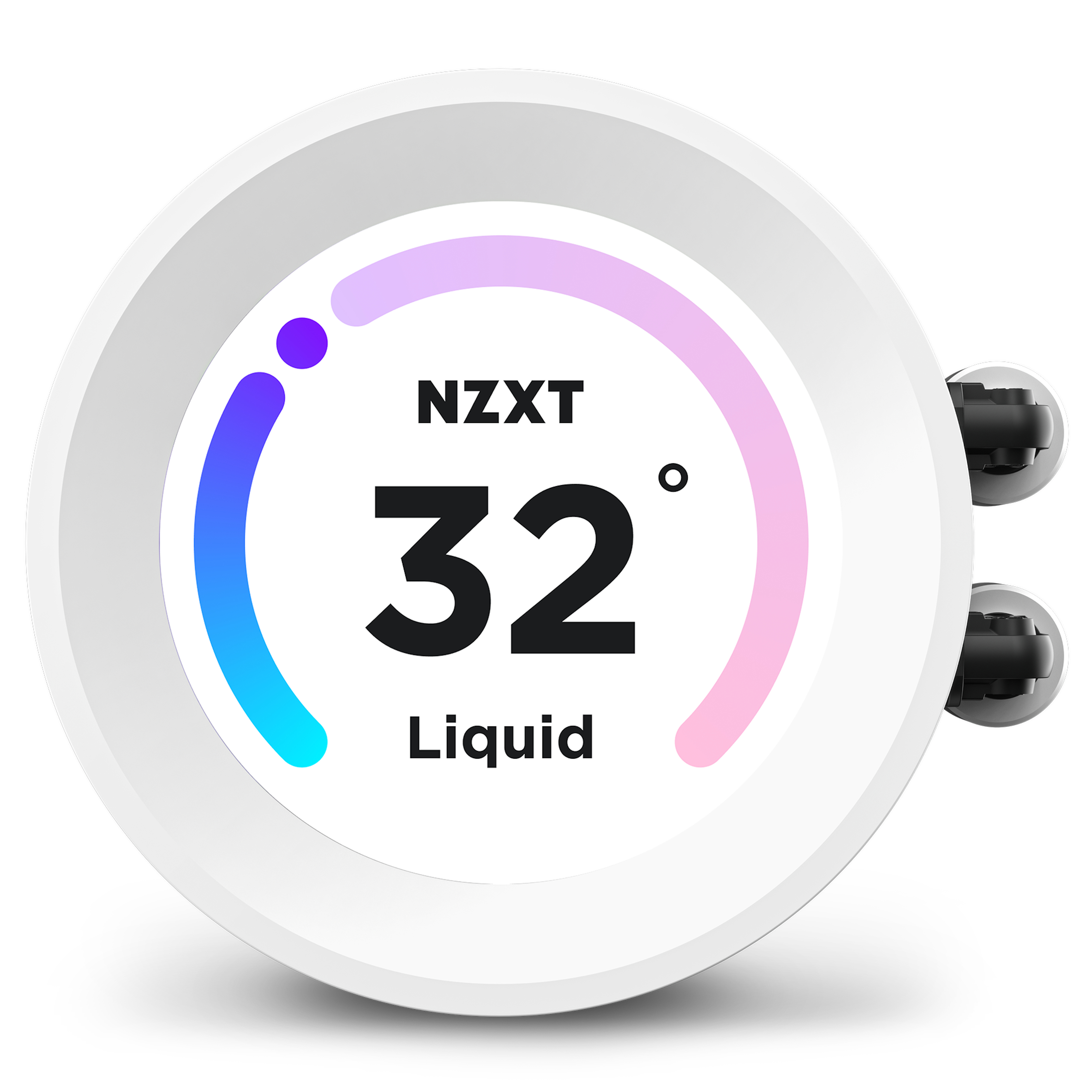 Okrągłe białe urządzenie z ekranem wyświetlającym 'NZXT 32° Liquid'. Posiada łuk gradientu kolorów i dwie dysze.