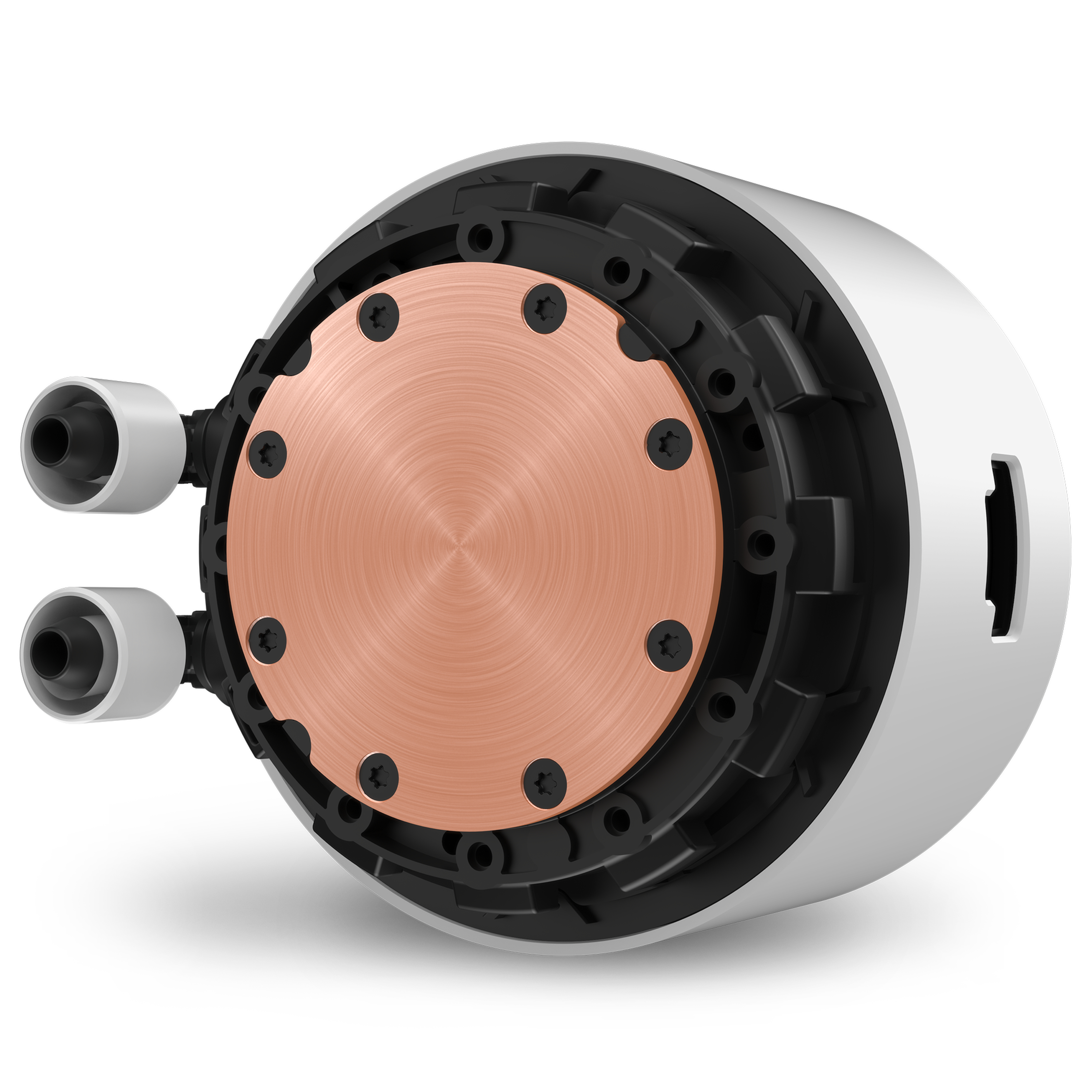 Okrągła chłodnica wodna z miedzianą płytą centralną i czarnymi śrubami. Ma dwie rury wodne.