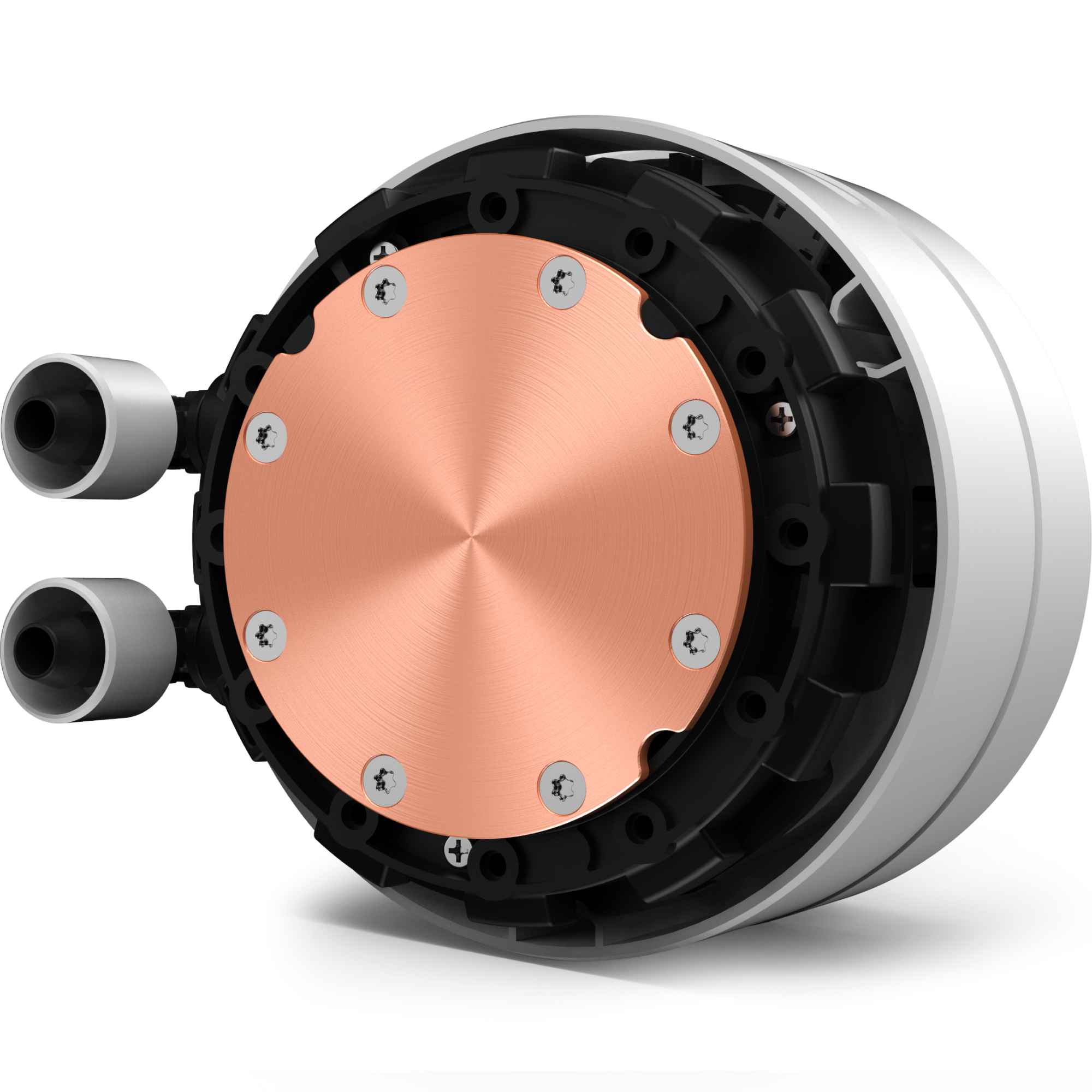 Zbliżenie podstawy systemu chłodzenia wodą. Miedziana podstawa, okrągły wzór, śruby.