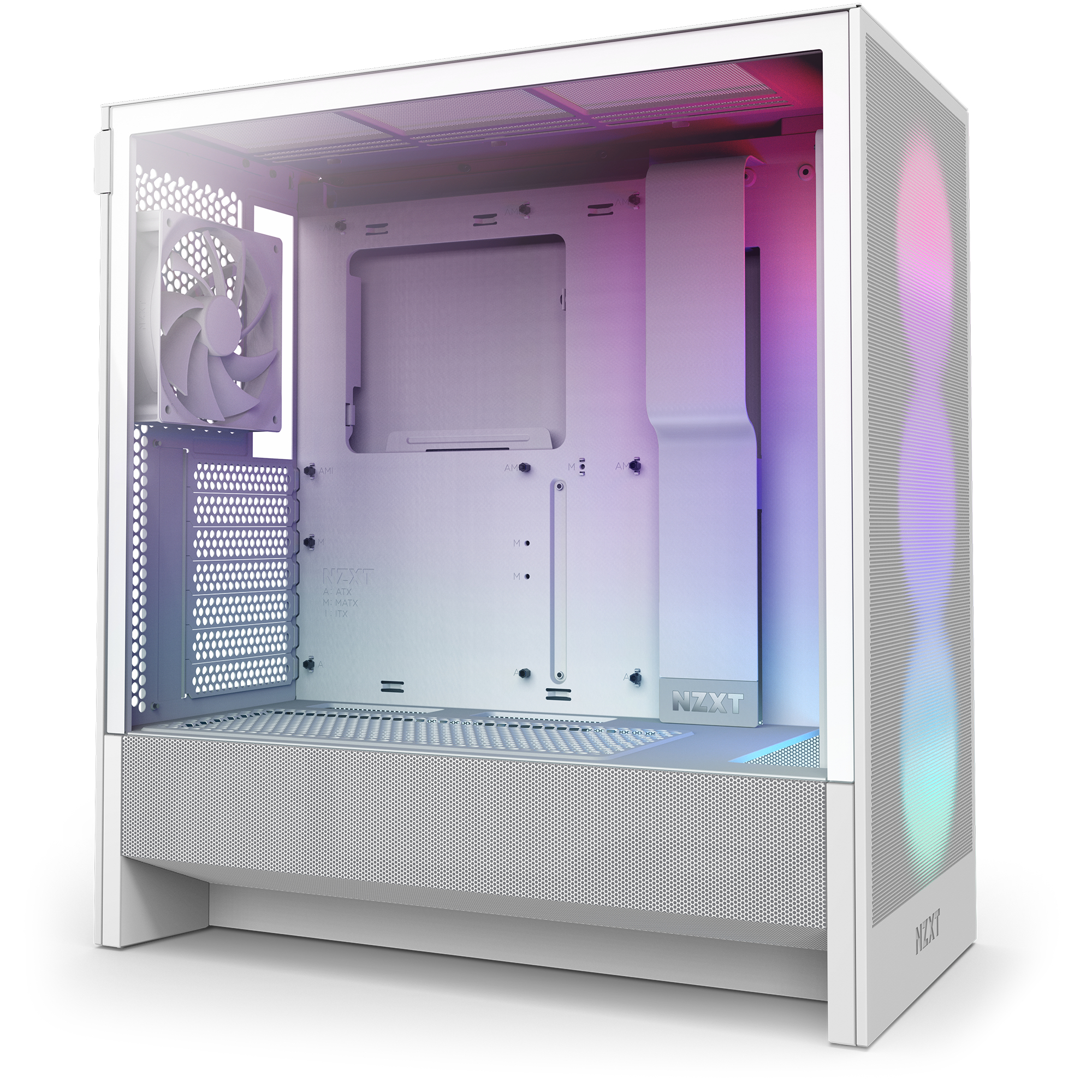 Boîtier PC blanc, vue ouverte. Composants internes visibles, y compris ventilateurs et radiateur. Logo NZXT.
