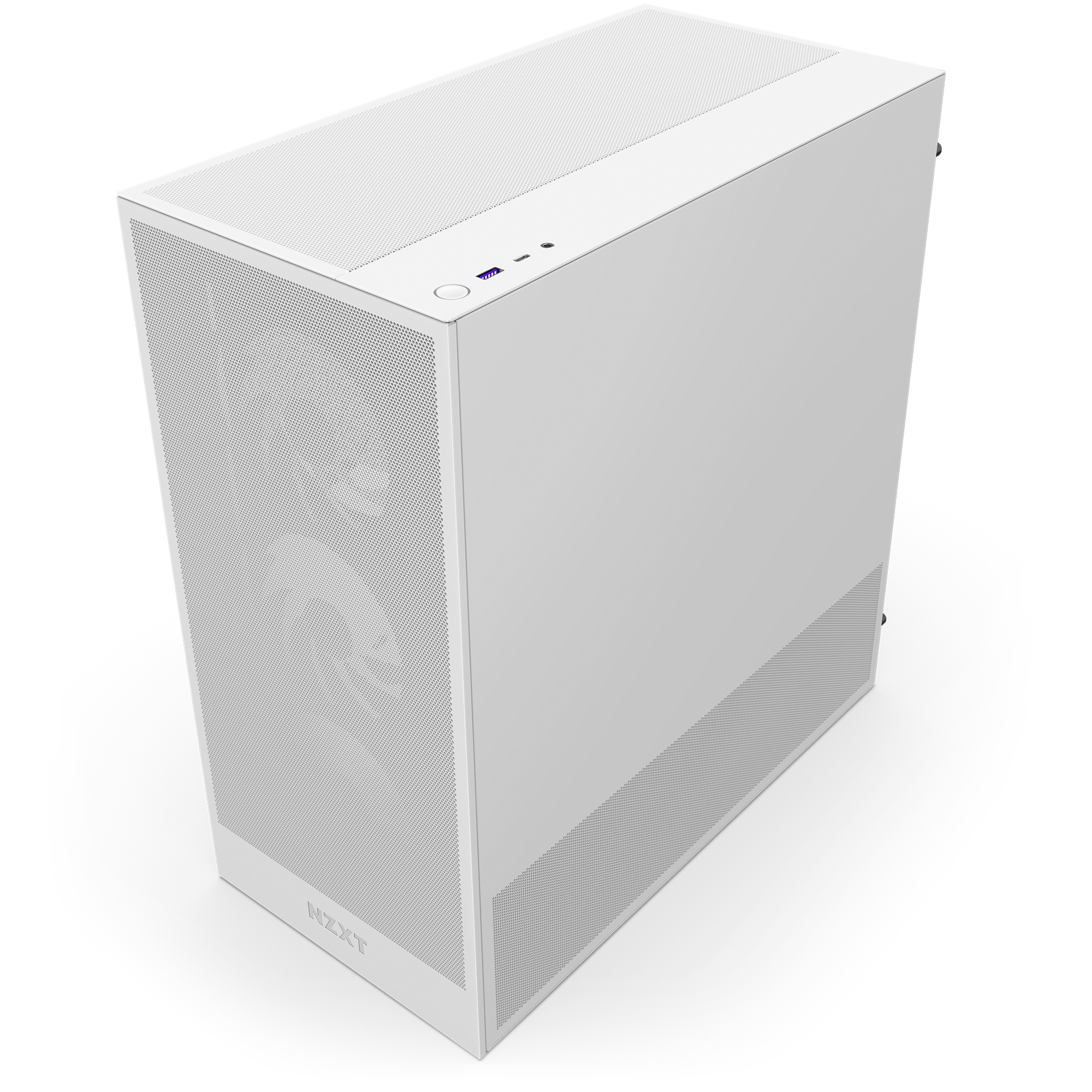 Boîtier d'ordinateur blanc, design simple, aérations et panneau supérieur avec ports.