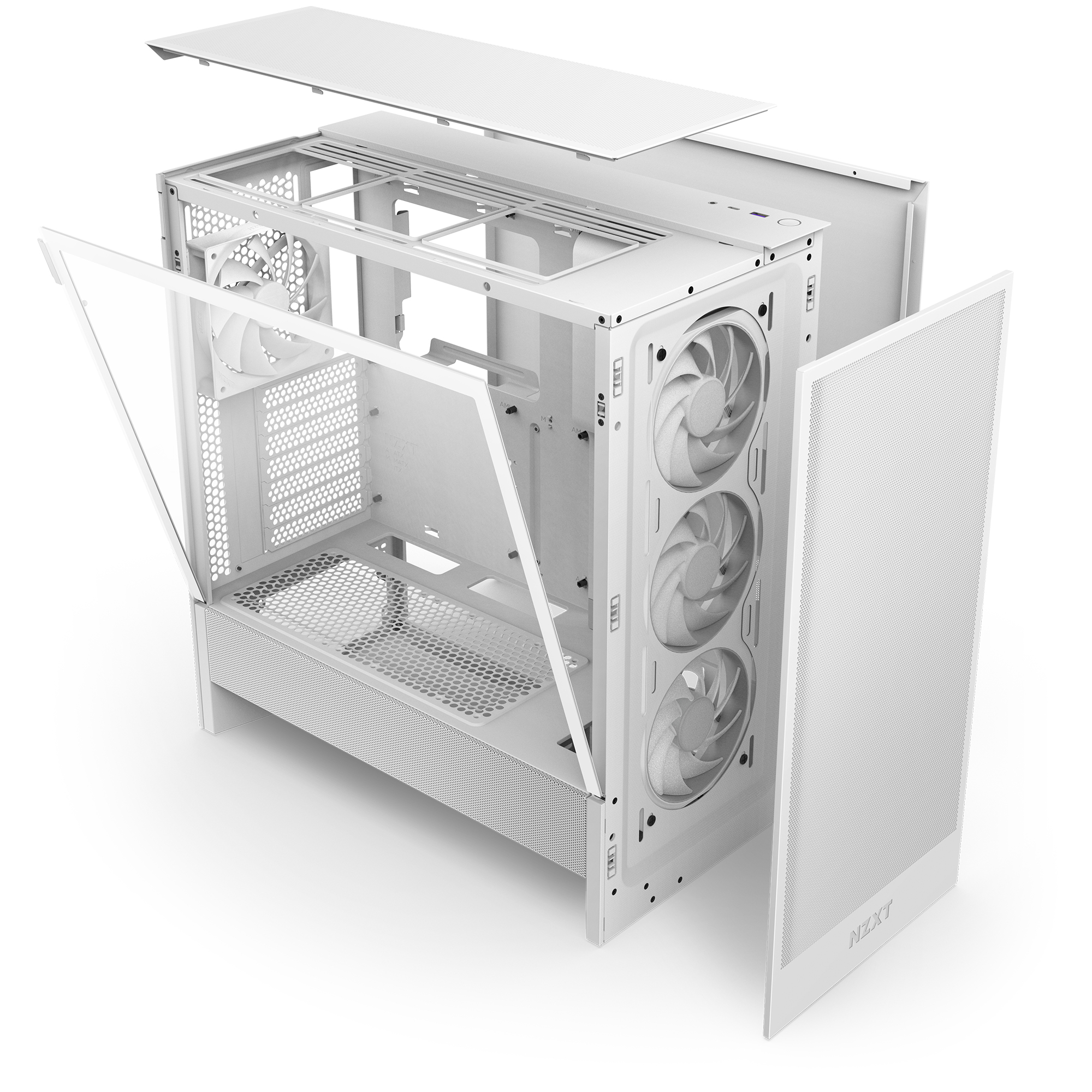 Vue éclatée du boîtier PC blanc, montrant des composants tels que ventilateurs, panneaux latéraux et structure.