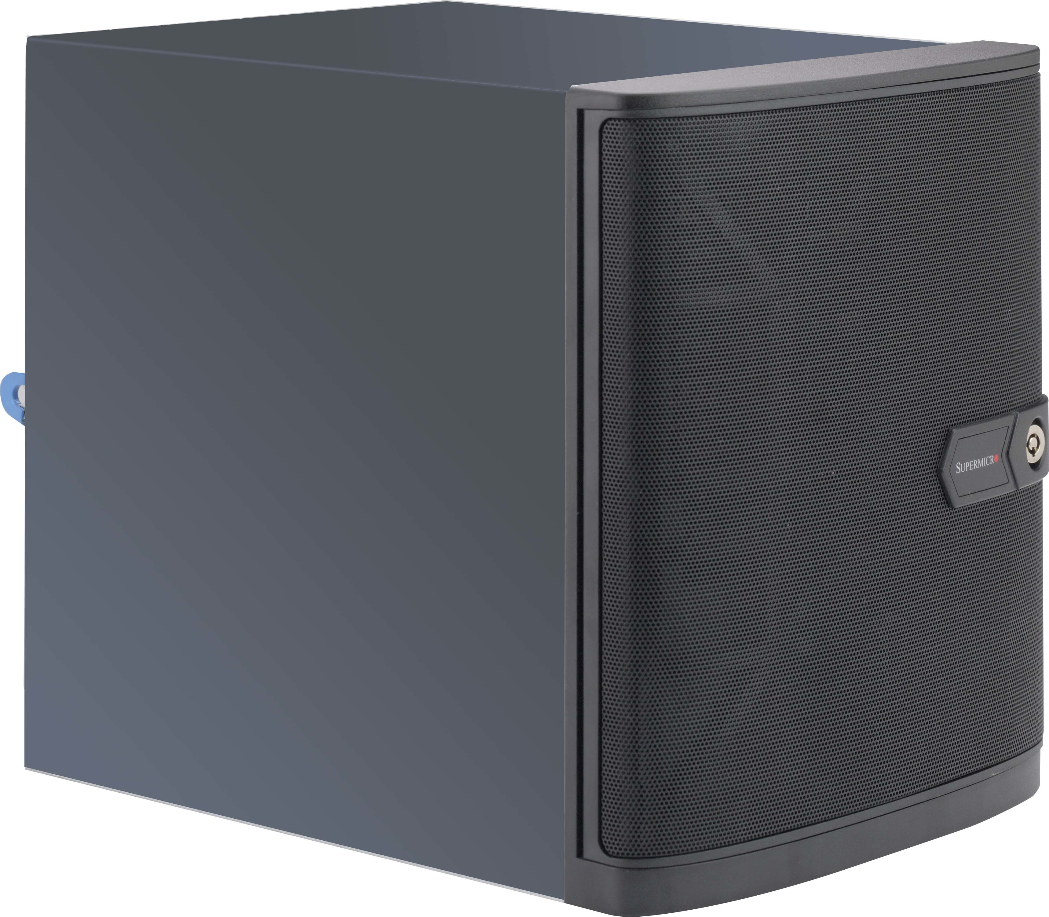 Case server grigio scuro con frontale in rete. Presenta un logo Supermicro e una serratura.