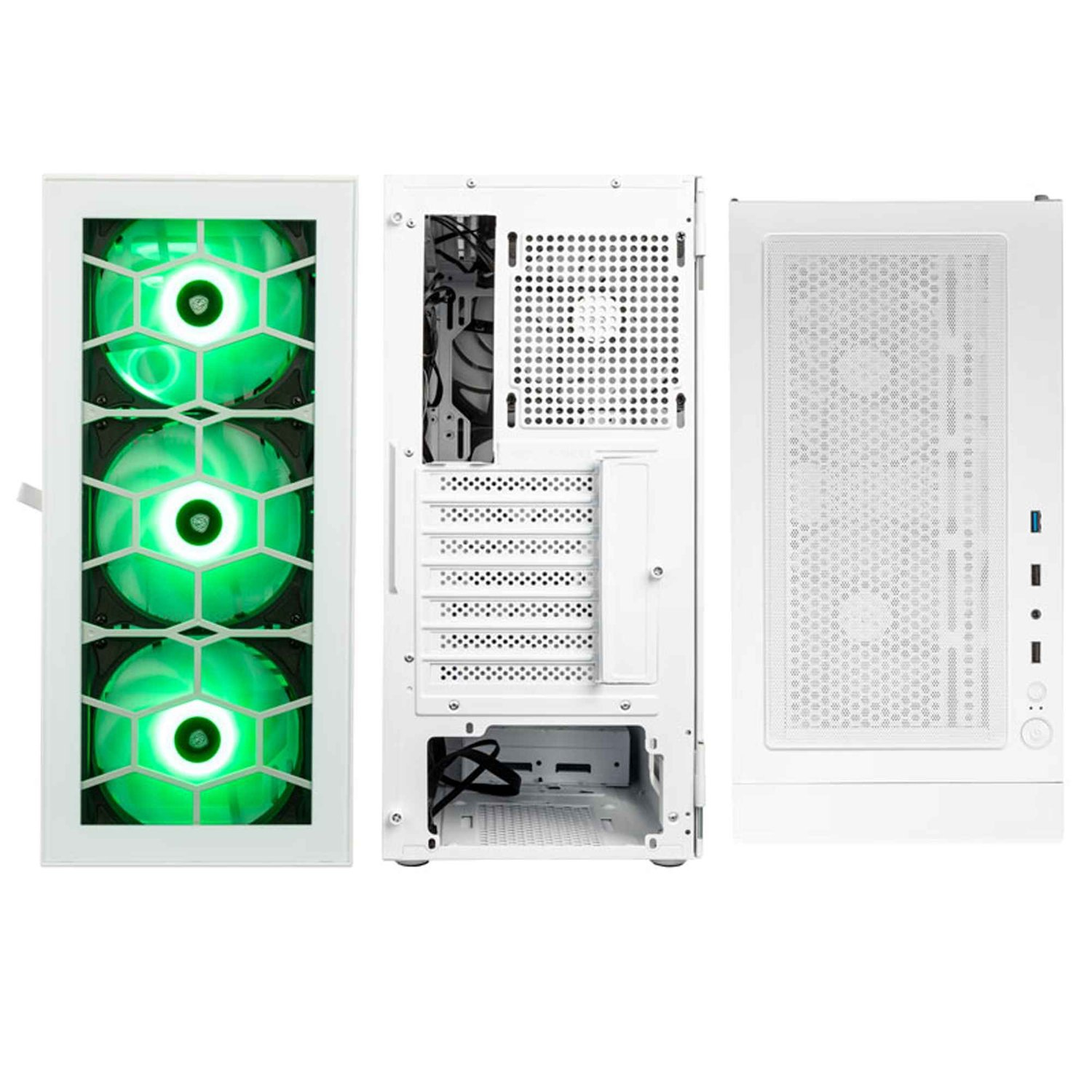 Boîtier d'ordinateur blanc, ouvert avec ventilateurs verts. Panneau latéral à droite.