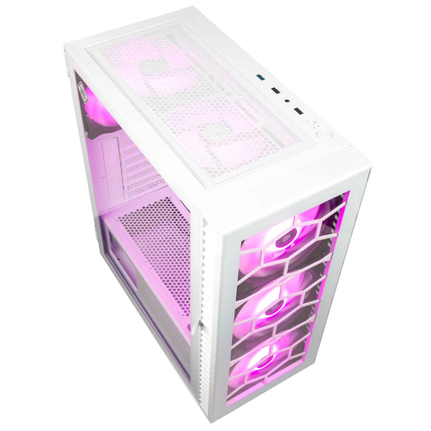 Boîtier blanc avec lumières intérieures roses, ventilateurs visibles et façade en mesh.