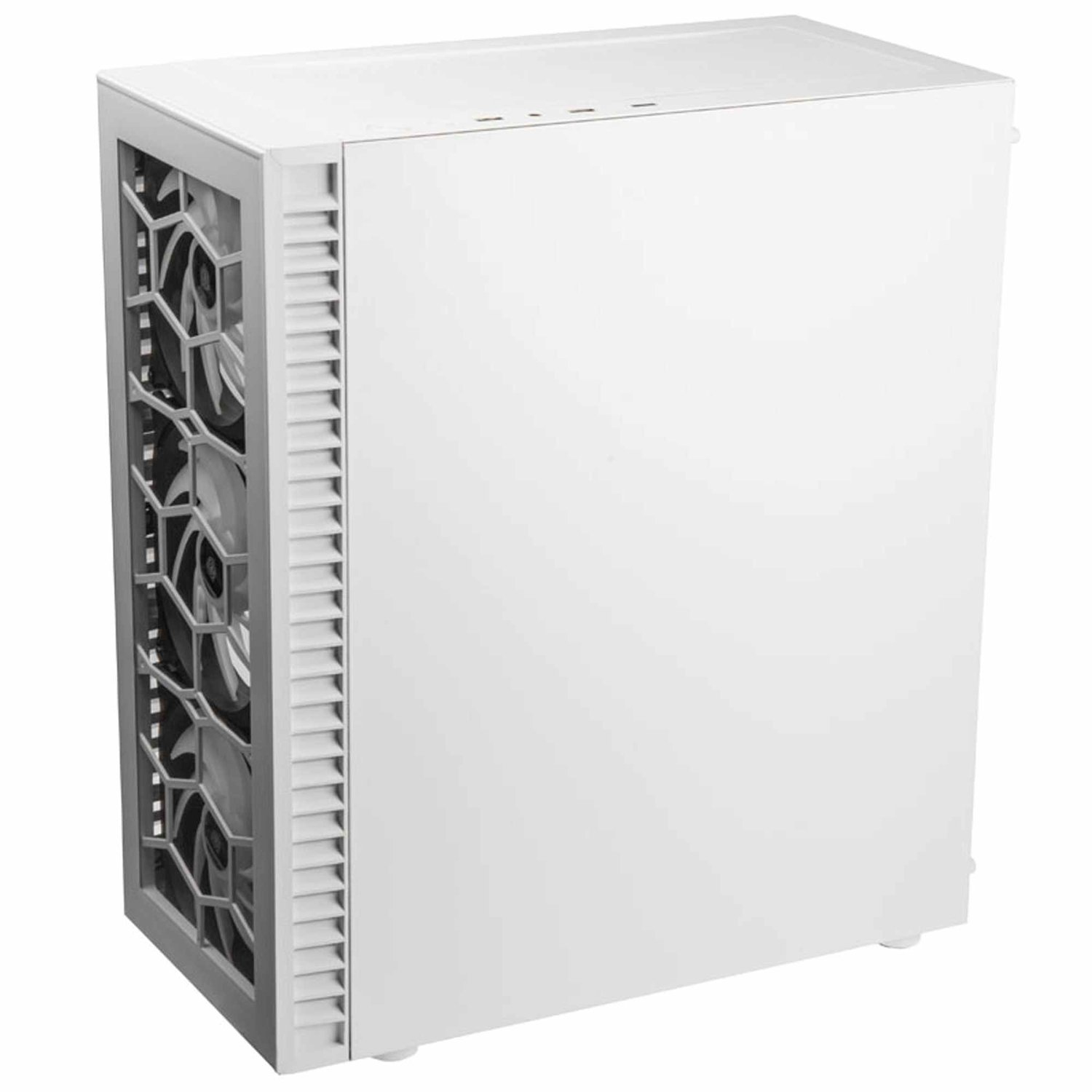 Boîtier PC blanc, vue latérale. Comporte un panneau latéral en mesh pour la circulation de l'air.