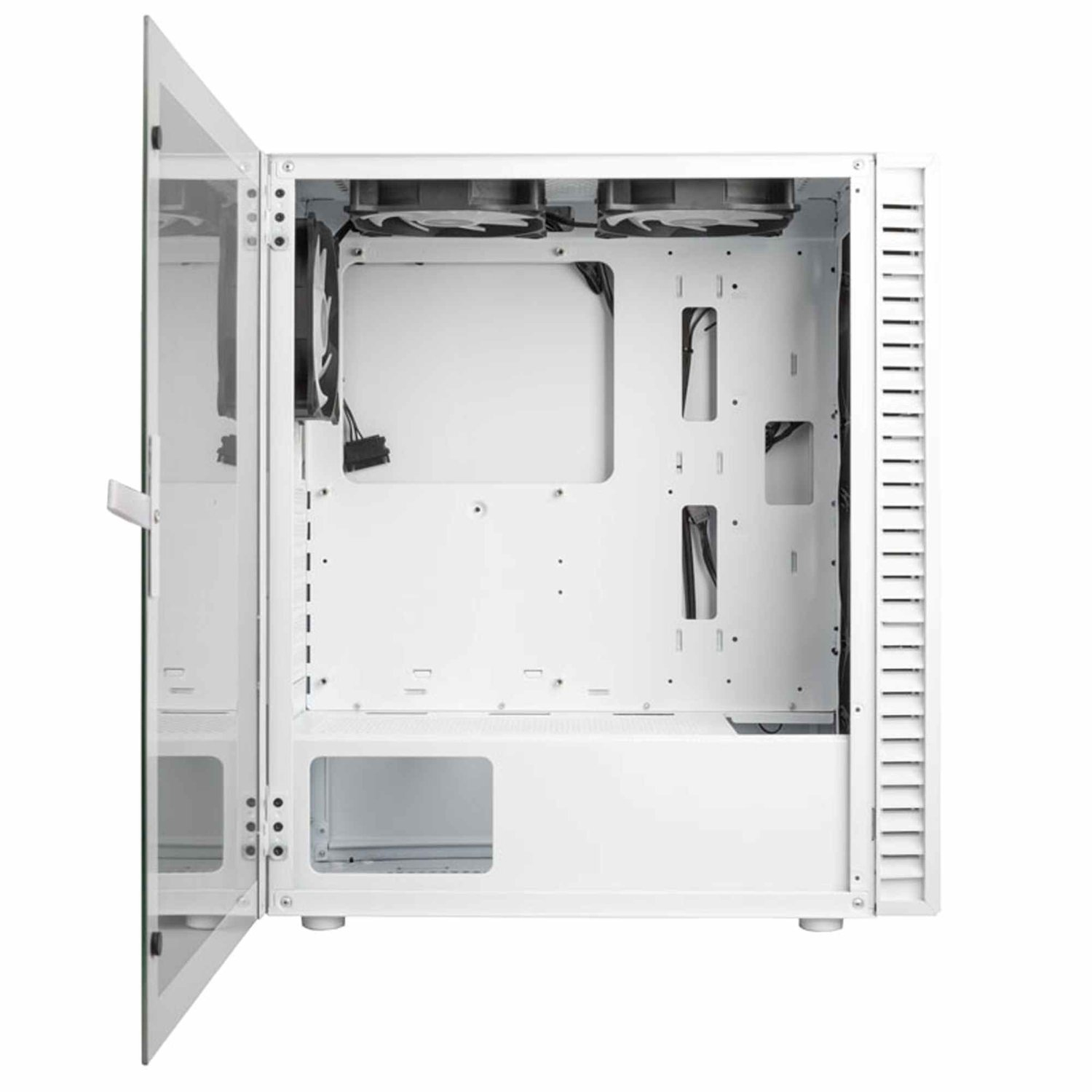 Boîtier d'ordinateur blanc avec porte vitrée ouverte, ventilateurs et composants internes visibles. Le boîtier est vide.