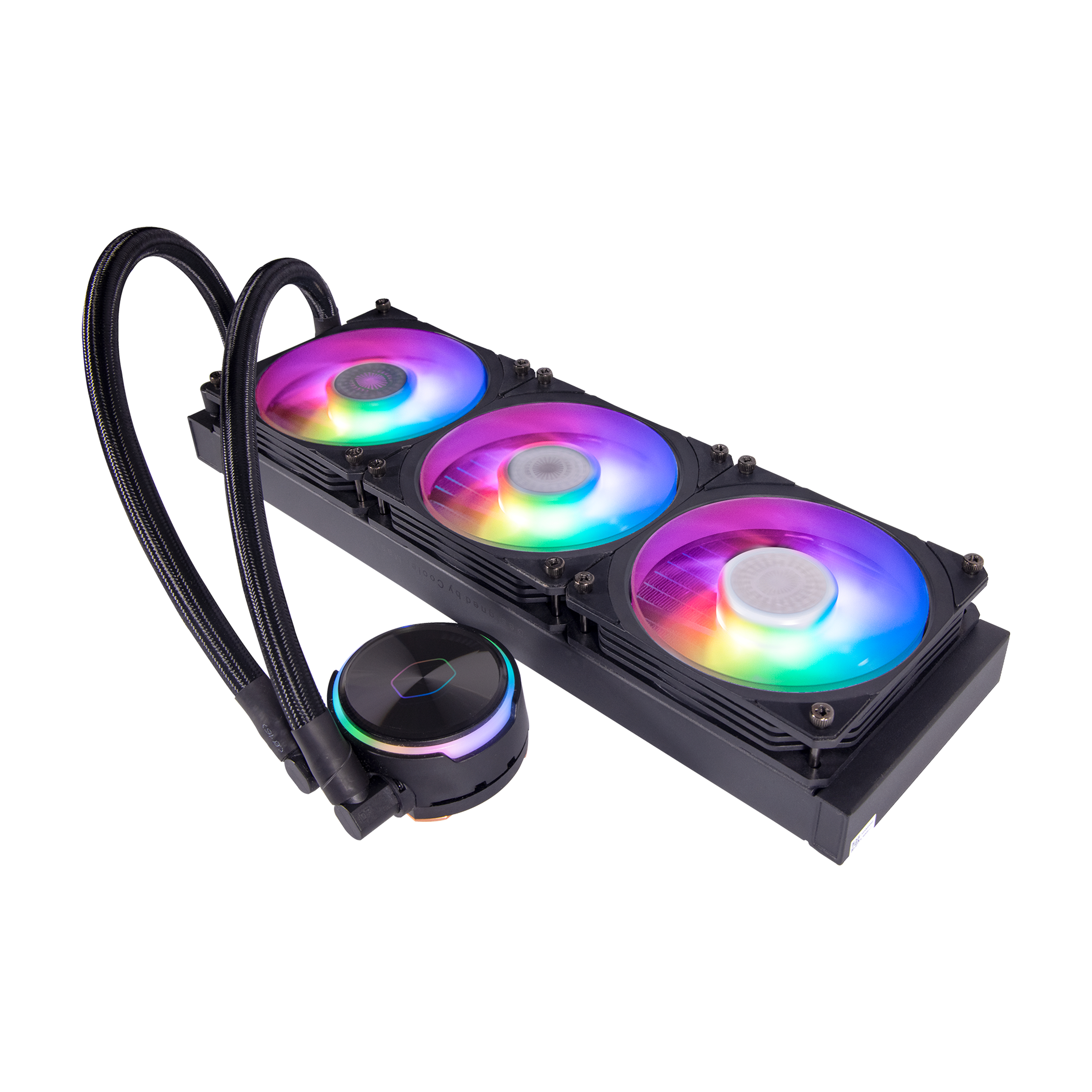 Système de refroidissement liquide avec trois ventilateurs, lumières multicolores et un waterblock. Tubes noirs.