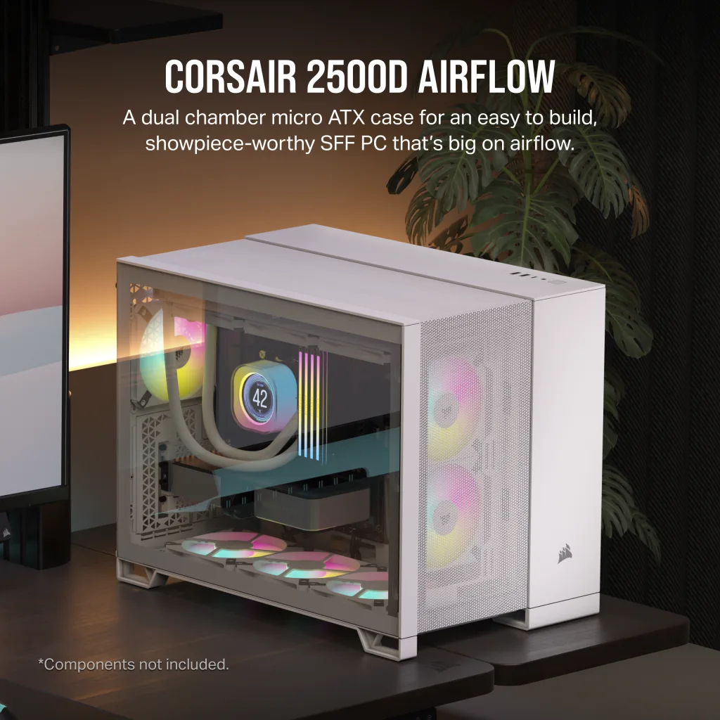 Biała obudowa komputera ze szklanymi panelami. Pokazuje komponenty wewnętrzne i wentylatory RGB. Tekst: CORSAIR 2500D AIRFLOW.