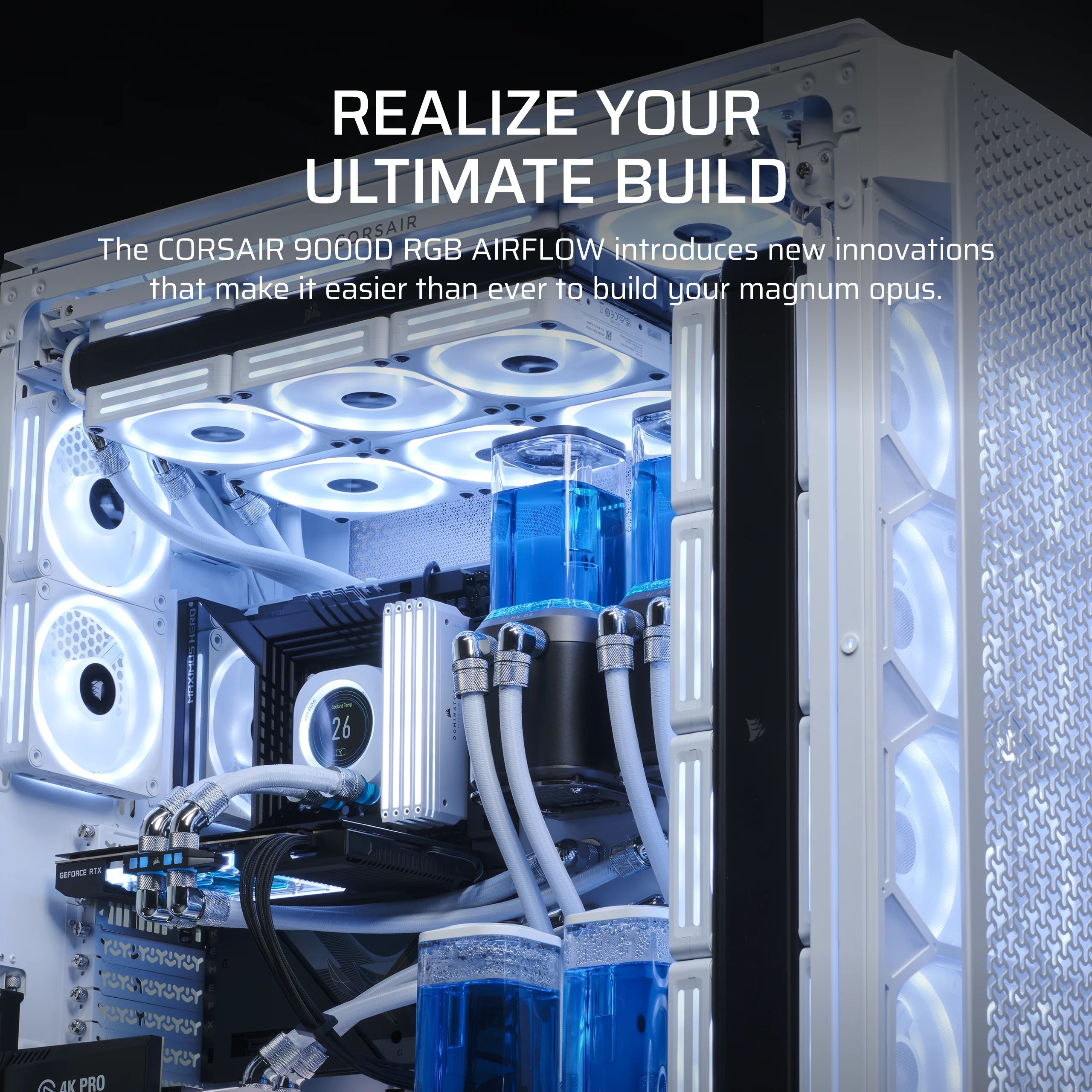 Biała budowa komputera z chłodzeniem wodnym. Niebieski płyn w rurkach i zbiornikach, podświetlane wentylatory.