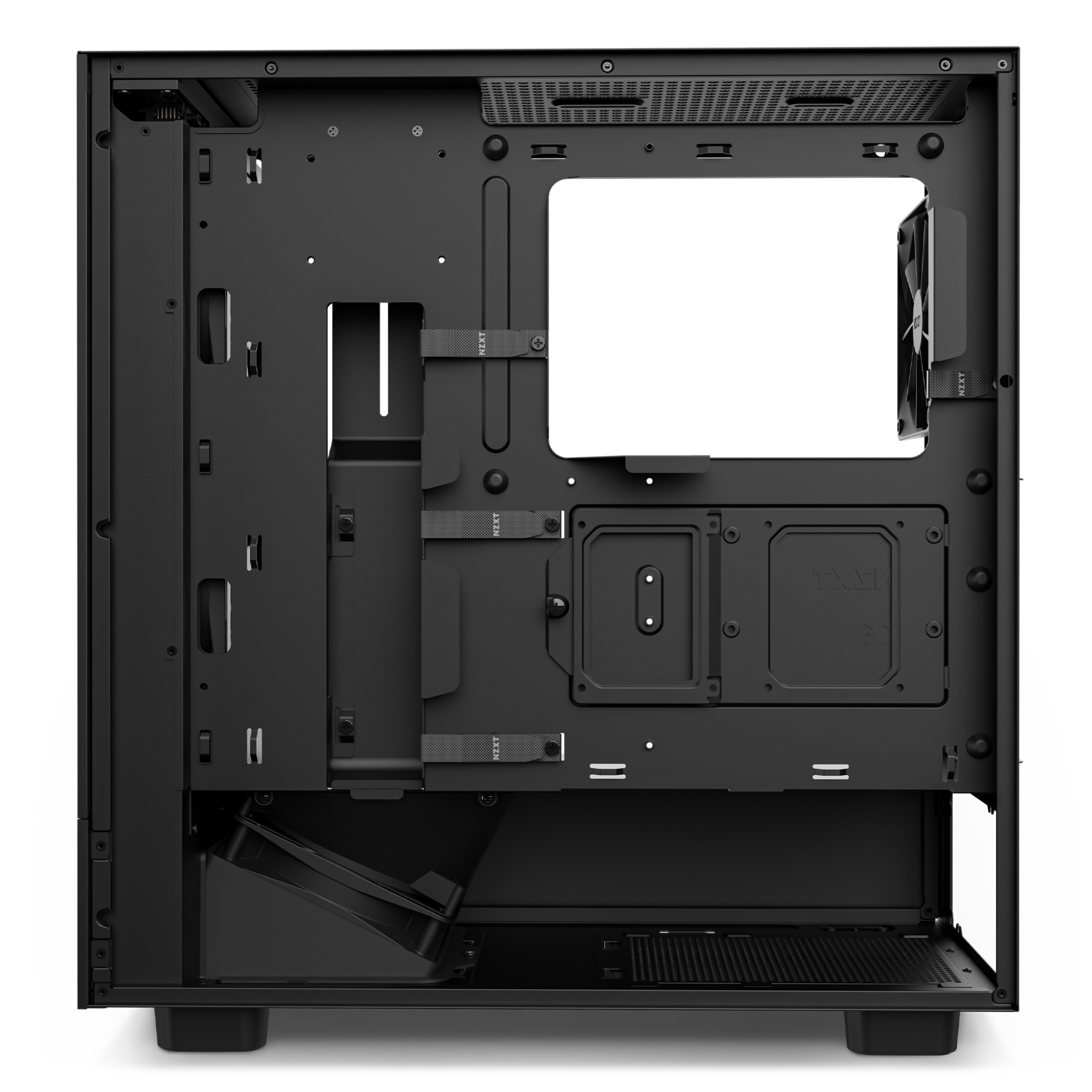 Schwarzes Computergehäuse-Innenseite. Es hat Befestigungspunkte und Kabelführung.