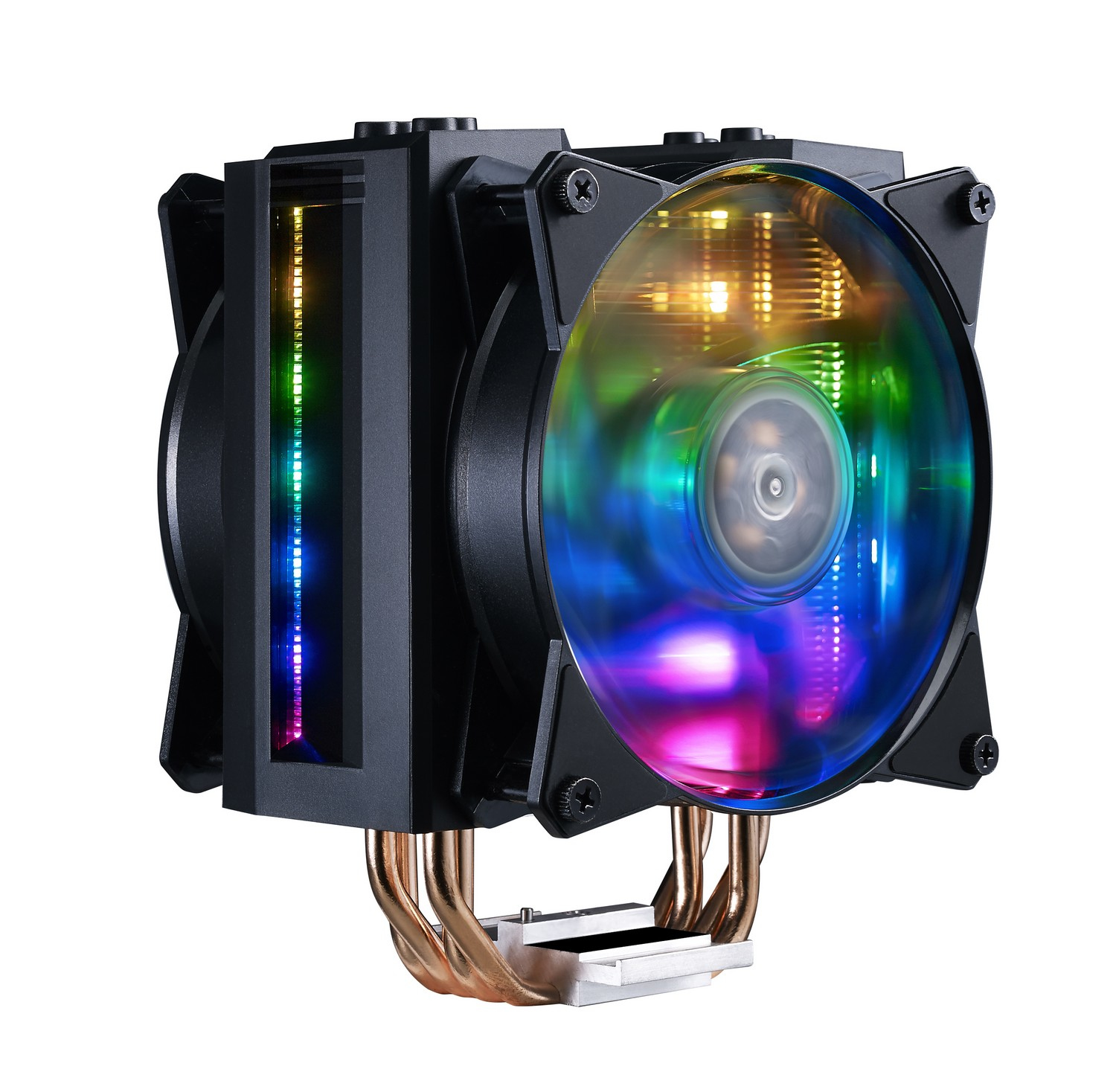 Enfriador de CPU negro con iluminación RGB en un ventilador circular y una tira de luz rectangular.