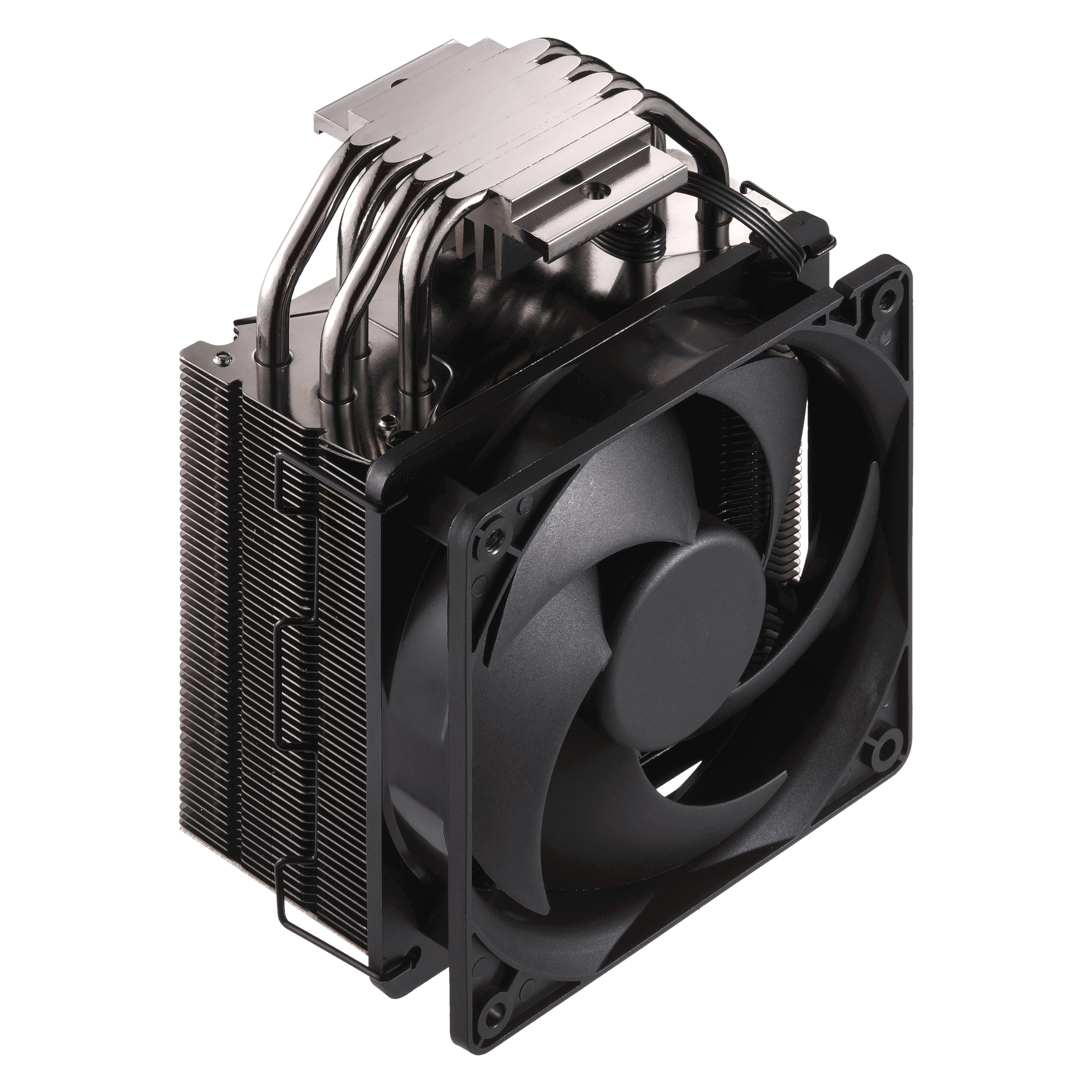 Schwarzer CPU-Kühler mit angebrachtem Lüfter und silbernen Kühlrippen.
