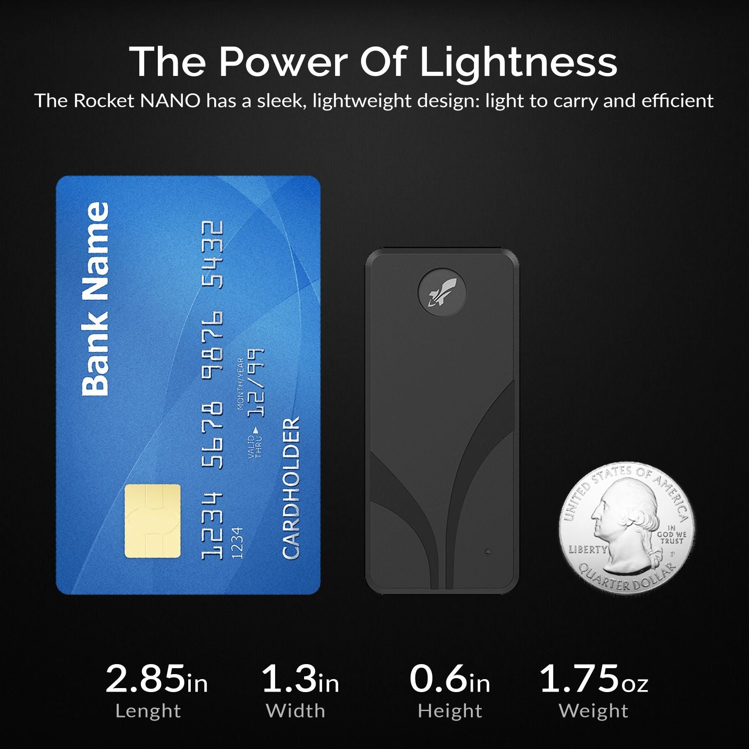 Karta kredytowa, czarny tracker i ćwierćdolarówka na jasnoniebieskiej powierzchni.