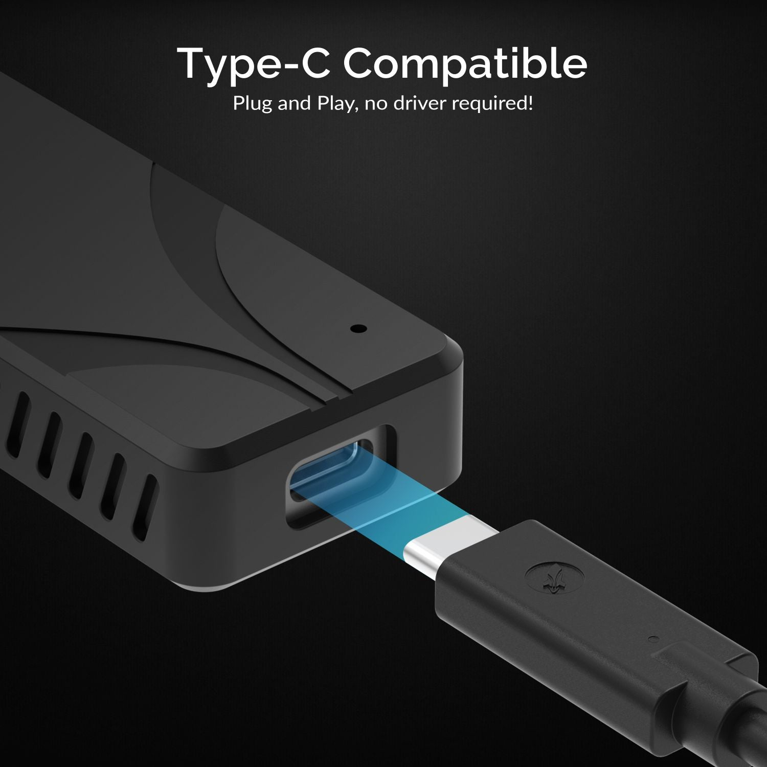 Czarne urządzenie z portem USB-C i podłączonym kablem.