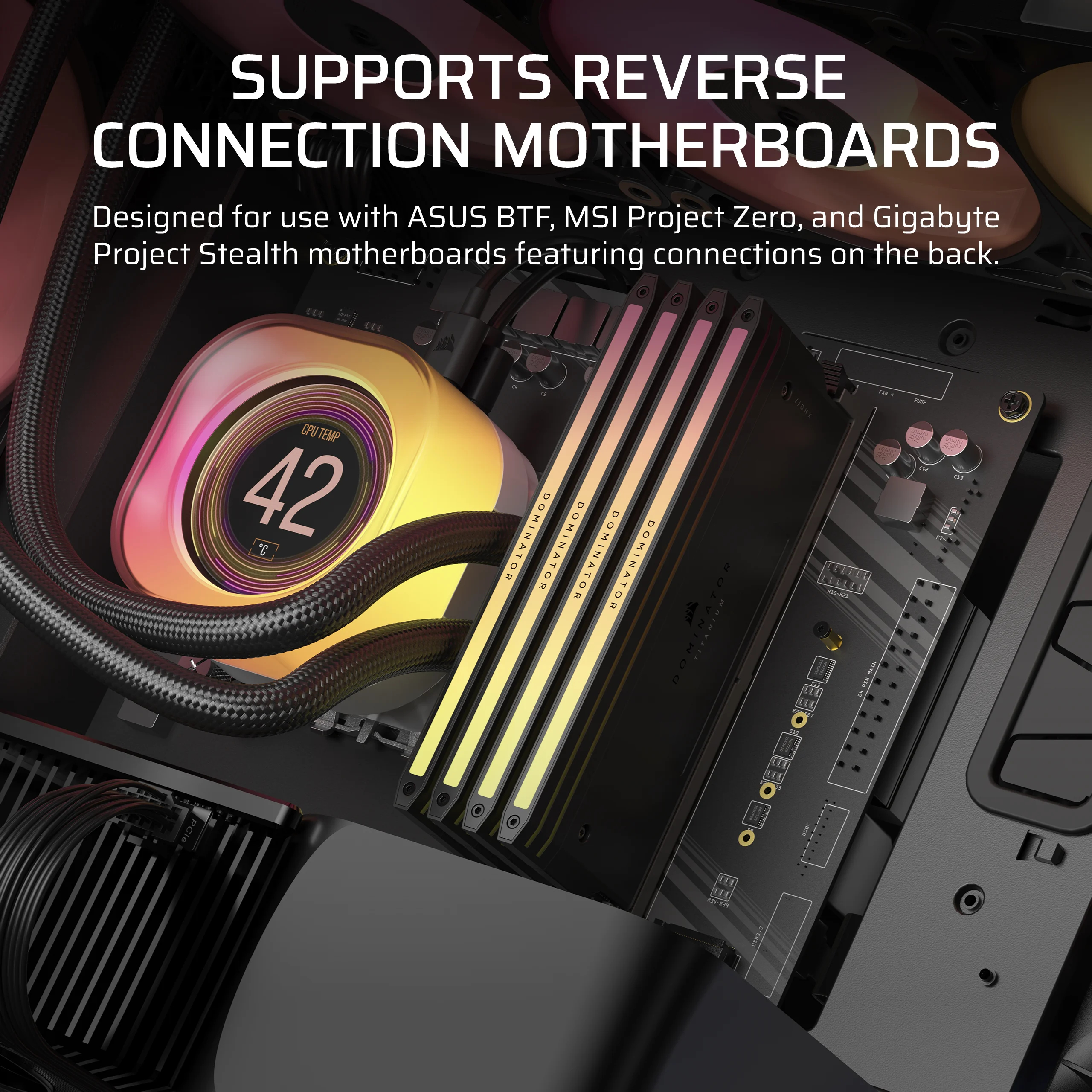 Wnętrze komputera. Chłodzenie procesora z wyświetlaczem 42°C. Pamięci RAM świecą. Tekst: Obsługuje płyty główne z odwróconym połączeniem.