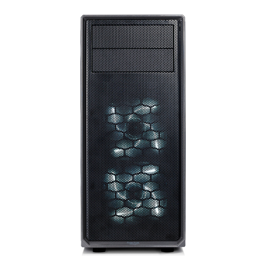 Schwarzes PC-Gehäuse, Frontansicht. Es hat ein Mesh-Frontpanel mit Wabenmuster und ein Fractal Design Logo.