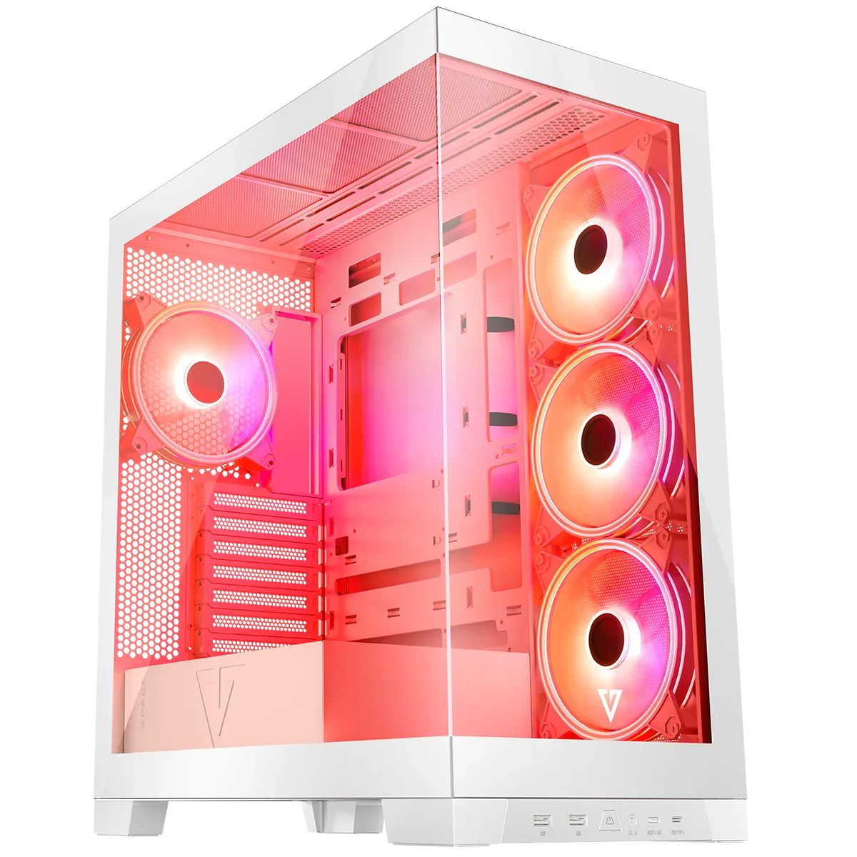 Biała obudowa PC z wentylatorami RGB. Wnętrze podświetlone na czerwono. Widoczny szklany panel boczny i przedni.