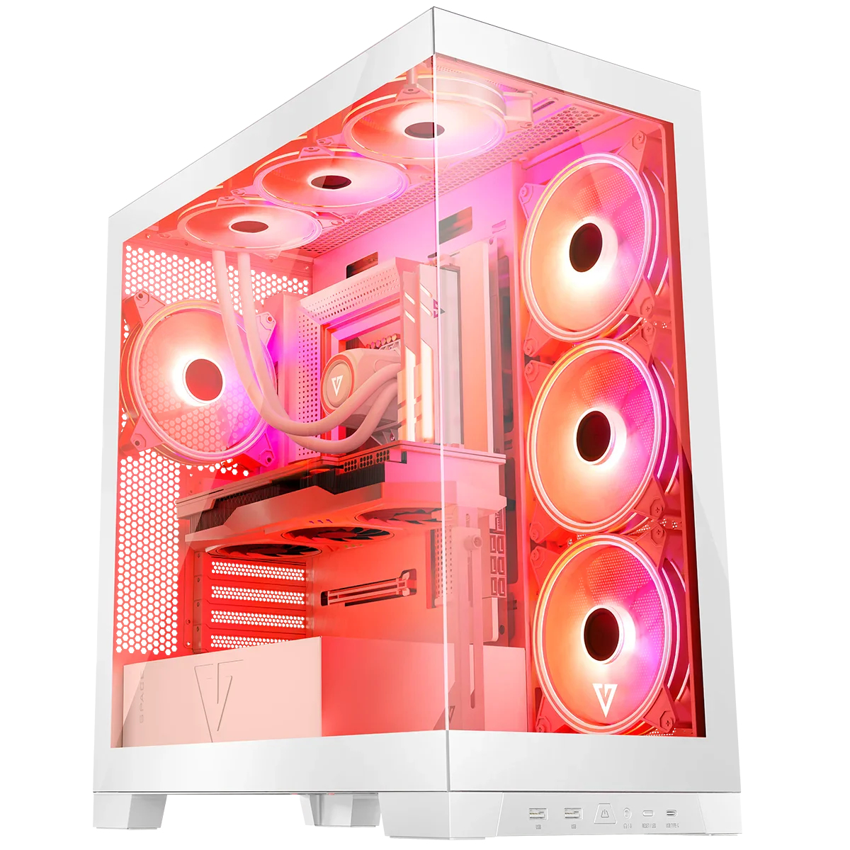 Biała obudowa komputera ze światłami RGB i wentylatorami. Komponenty widoczne przez szkło.
