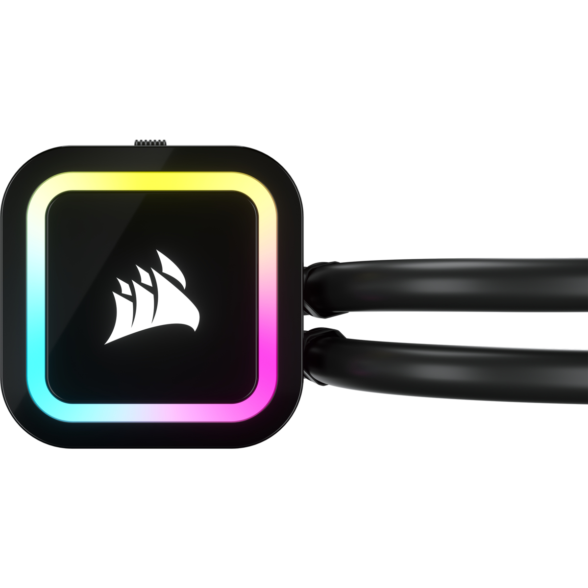 Dissipatore LED nero e RGB per computer con logo bianco e tubi neri.