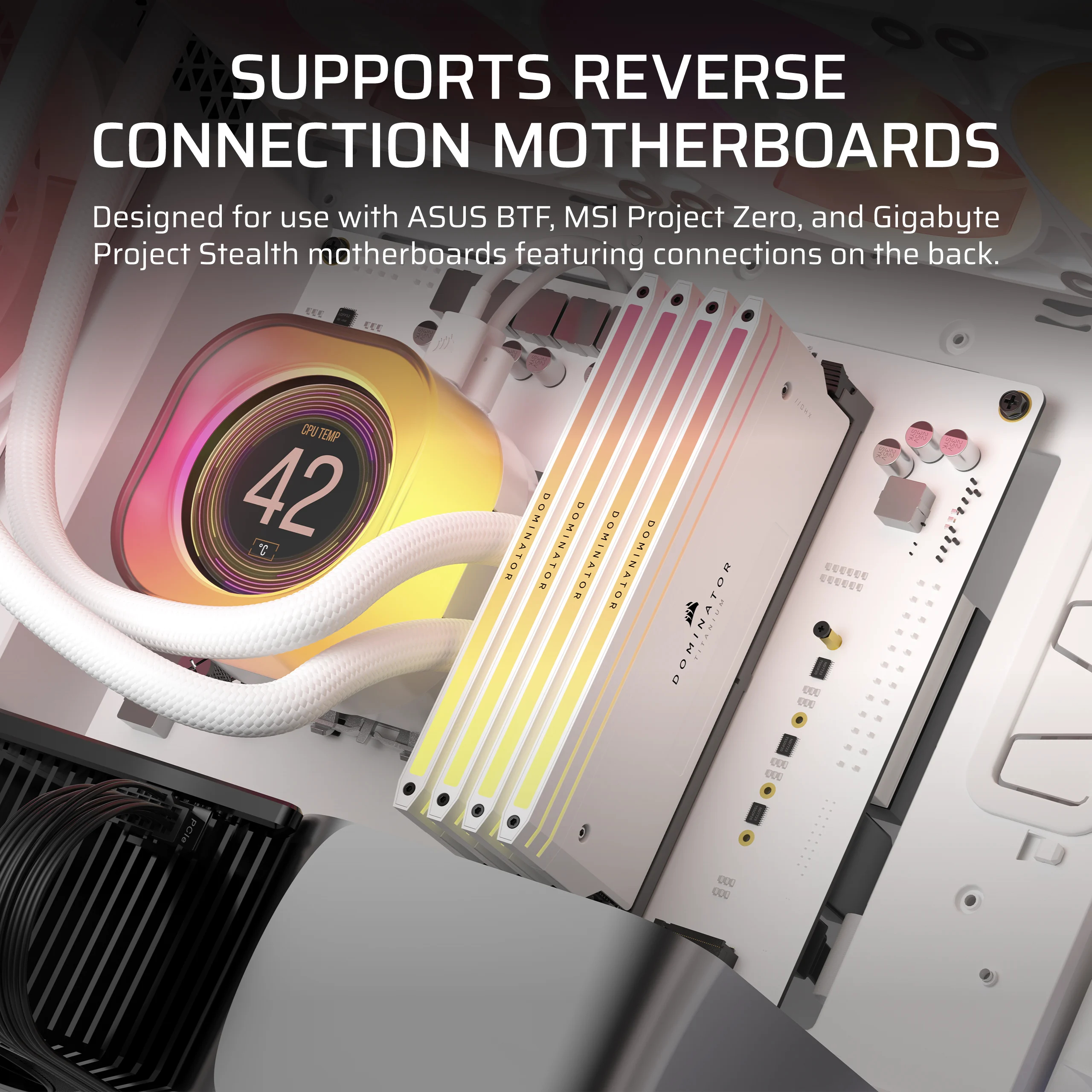 Obudowa komputera z chłodzeniem CPU, RAM i chłodzeniem cieczą. Temperatura CPU wynosi 42 stopnie Celsjusza.