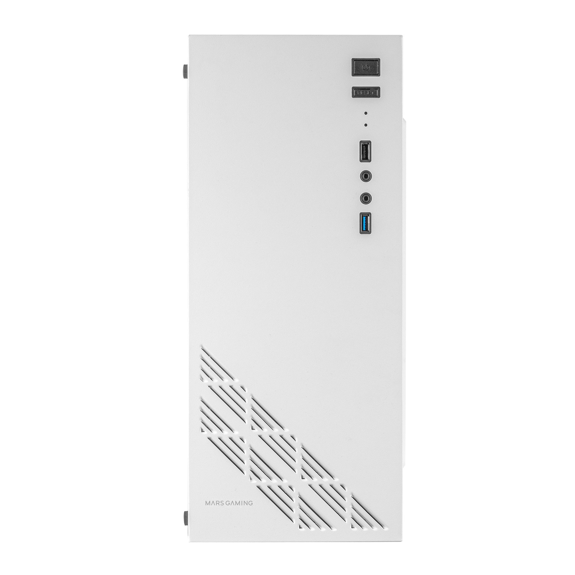 Case per computer bianco, vista frontale. Porte e prese d'aria. Logo Mars Gaming visibile.