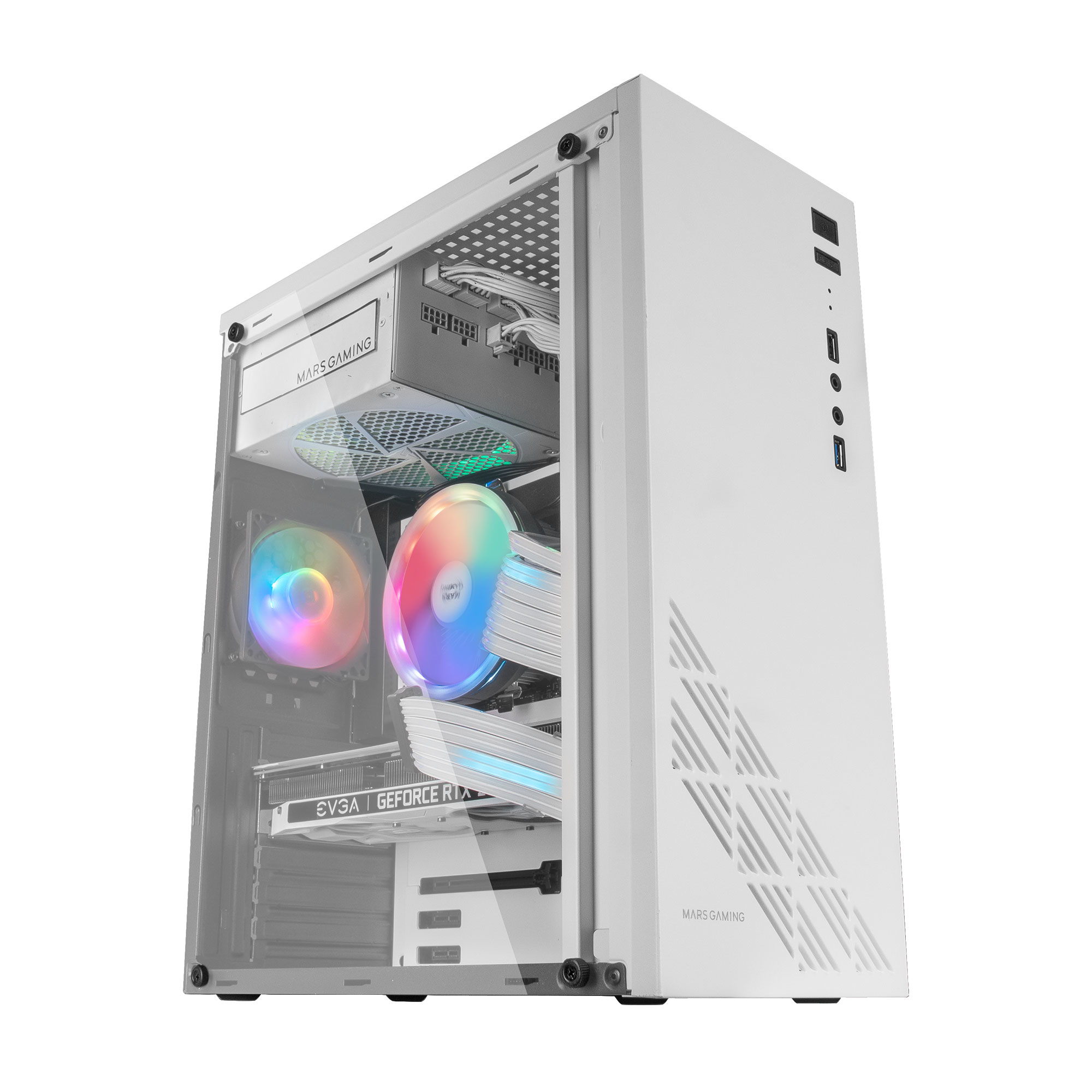 Case PC bianco, vista angolata. Componenti interni visibili con ventole RGB e pannello laterale in vetro.