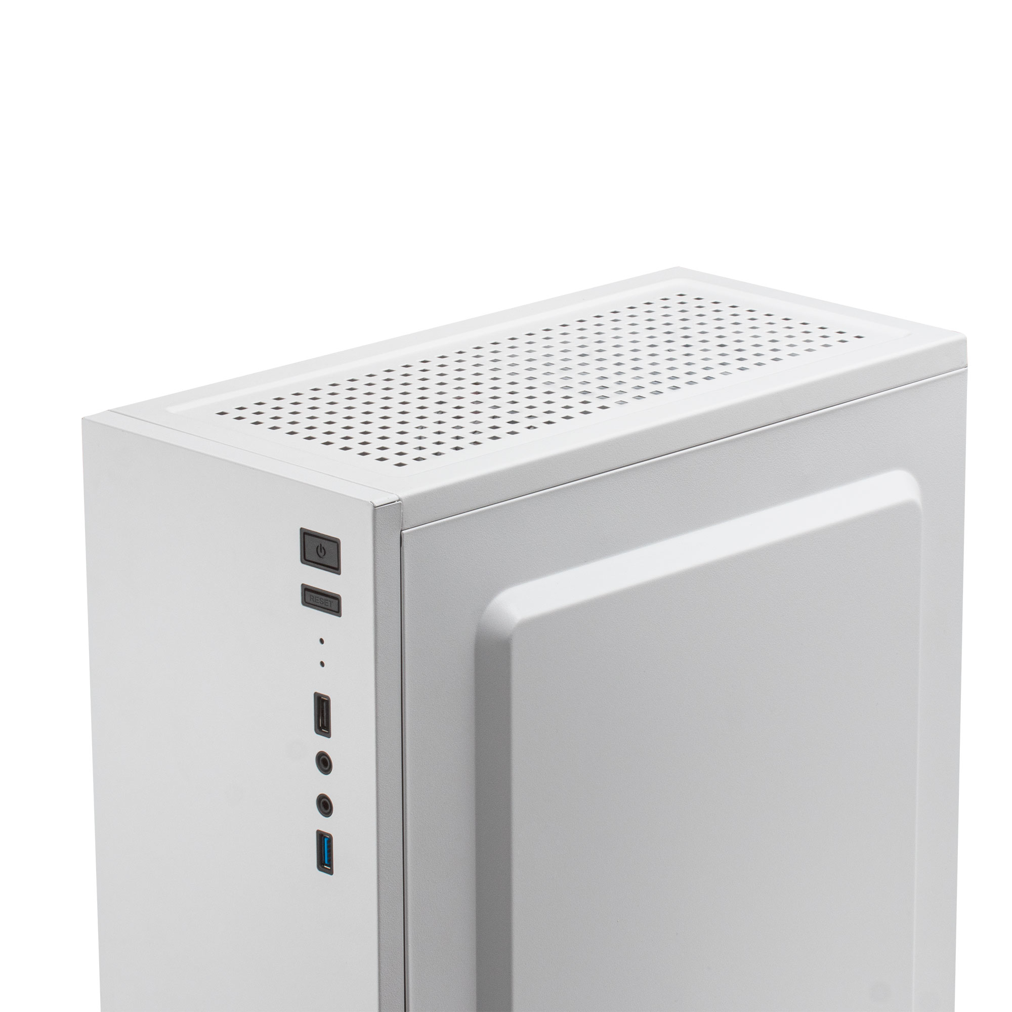 Parte superiore del case del PC bianco con fori di ventilazione e porte del pannello frontale. Le porte di alimentazione e USB sono visibili.