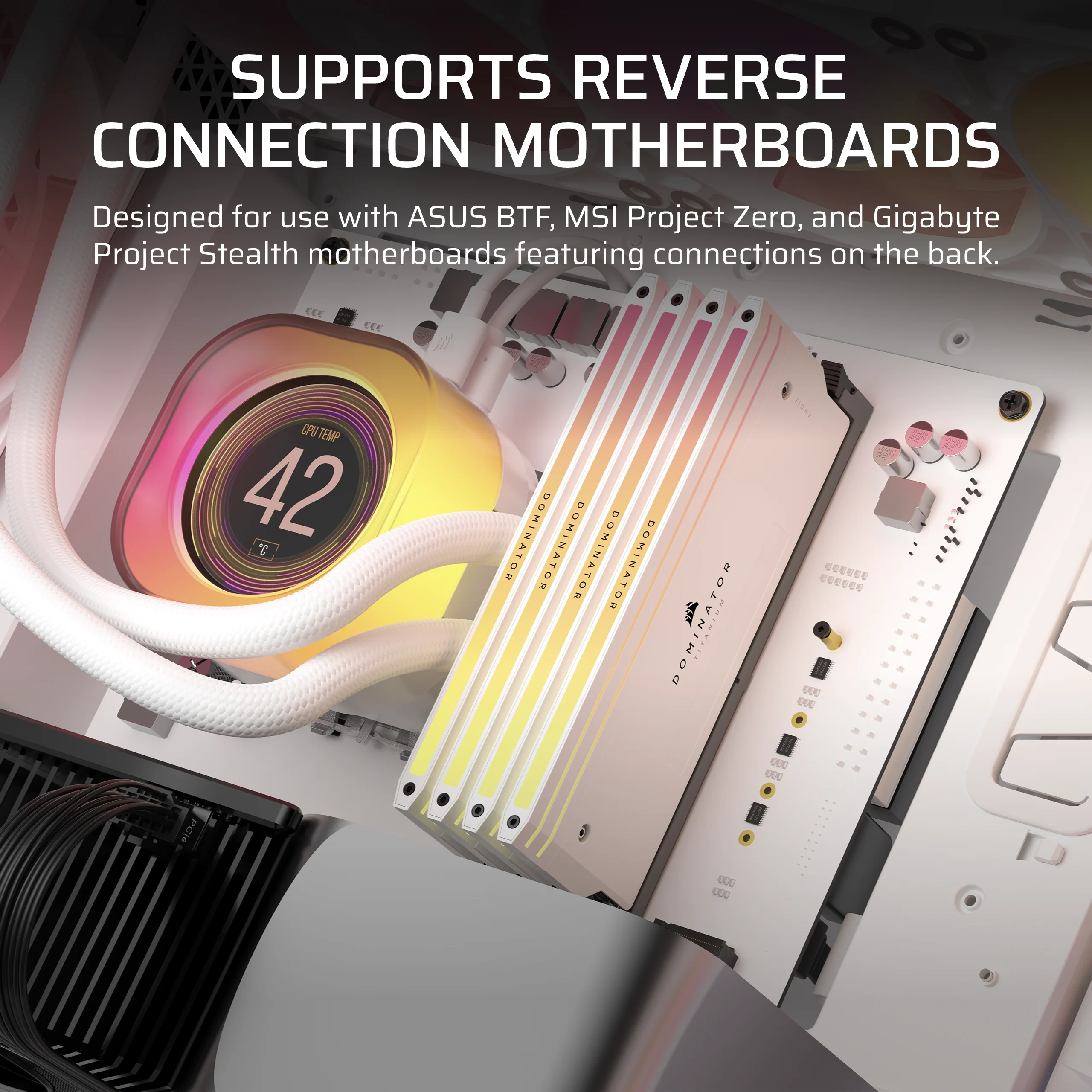 Komponenty PC: chłodnica CPU z wyświetlaczem 42°C, moduły RAM i tył płyty głównej.