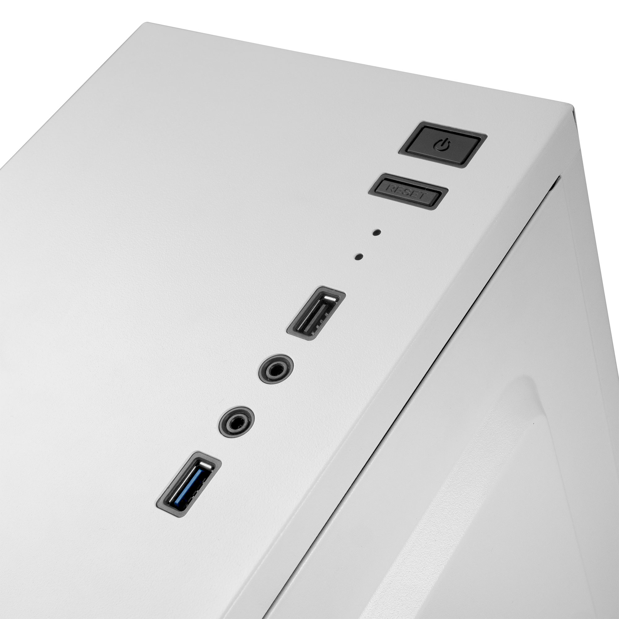 Parte superiore di un case per computer bianco. Pulsanti di accensione e ripristino, porte USB e audio.
