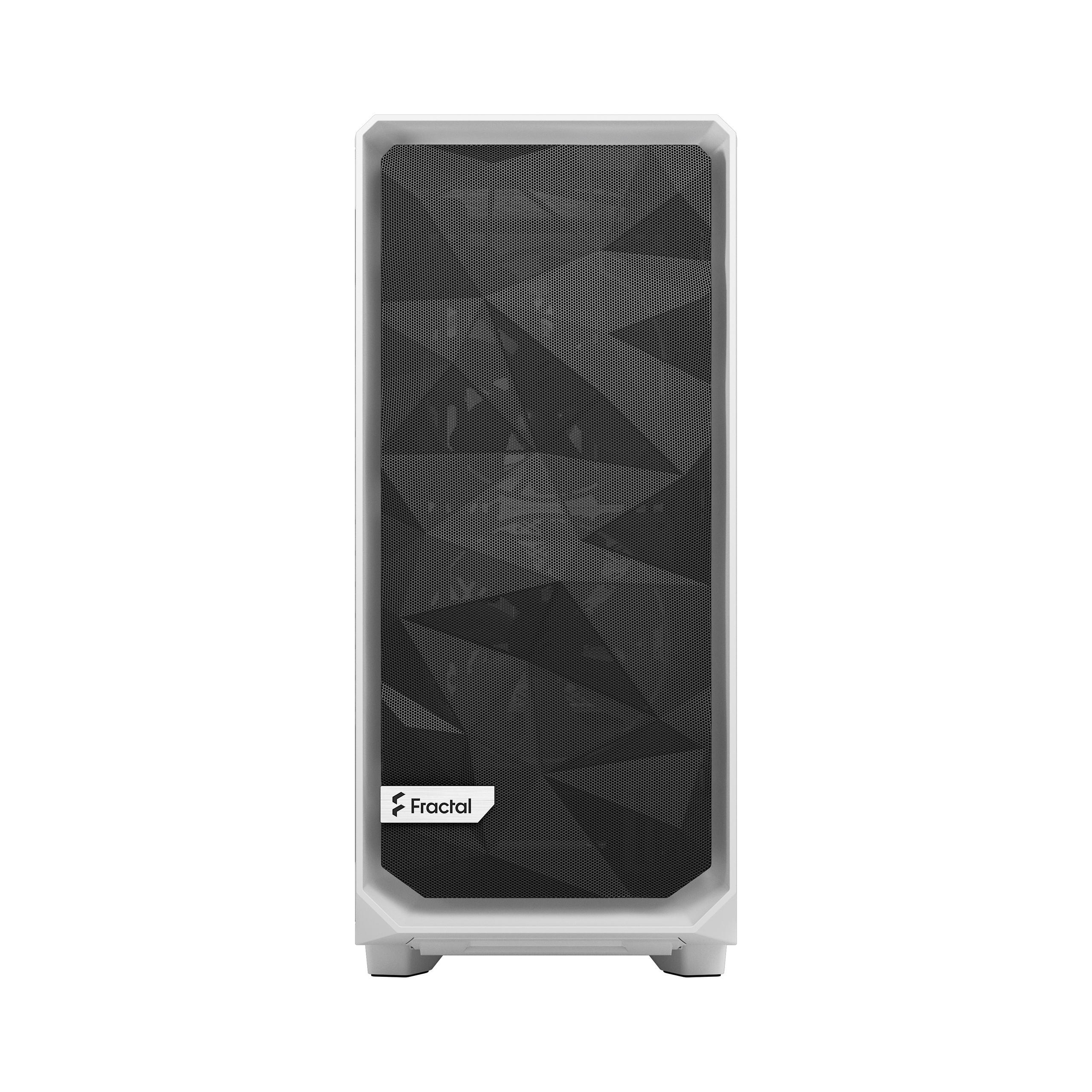 Parte anteriore del case del computer bianco. Caratterizzato da una parte anteriore in rete con un motivo geometrico.