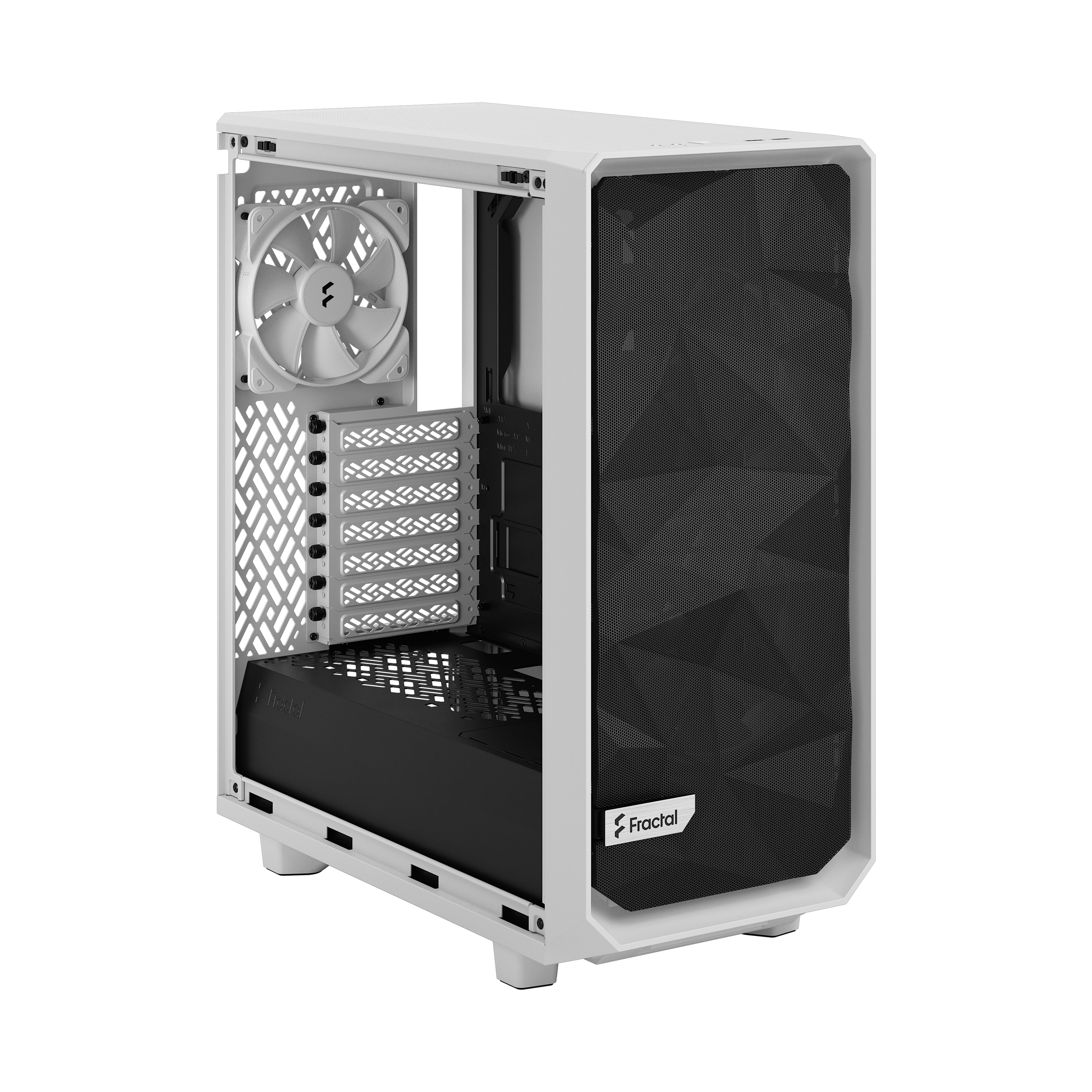 Case PC bianco con frontale a rete e ventola bianca. Componenti interni visibili.