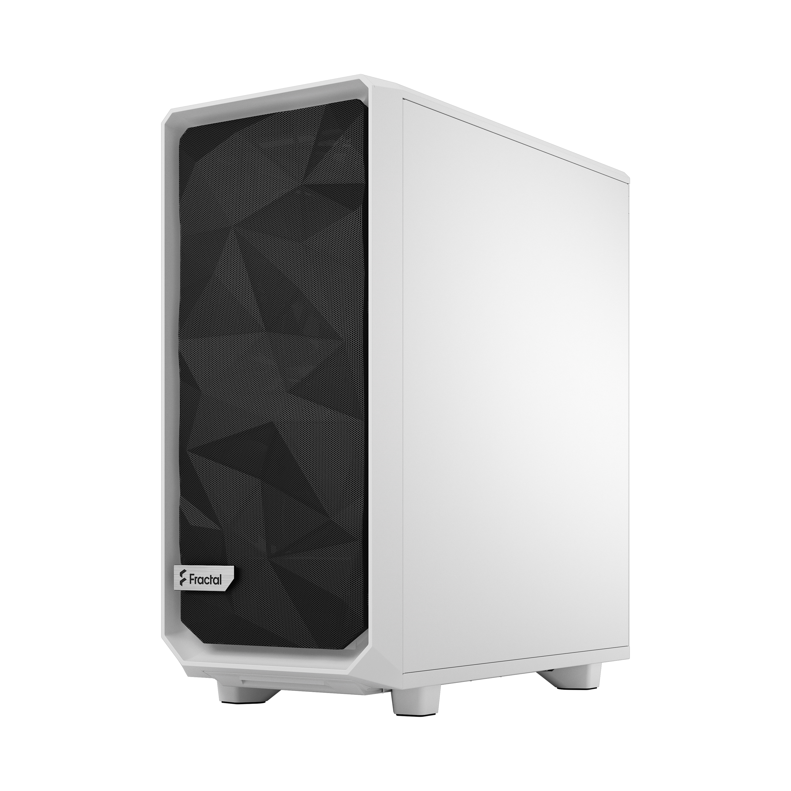 Case PC Fractal bianco con pannello frontale in rete nera e logo Fractal.