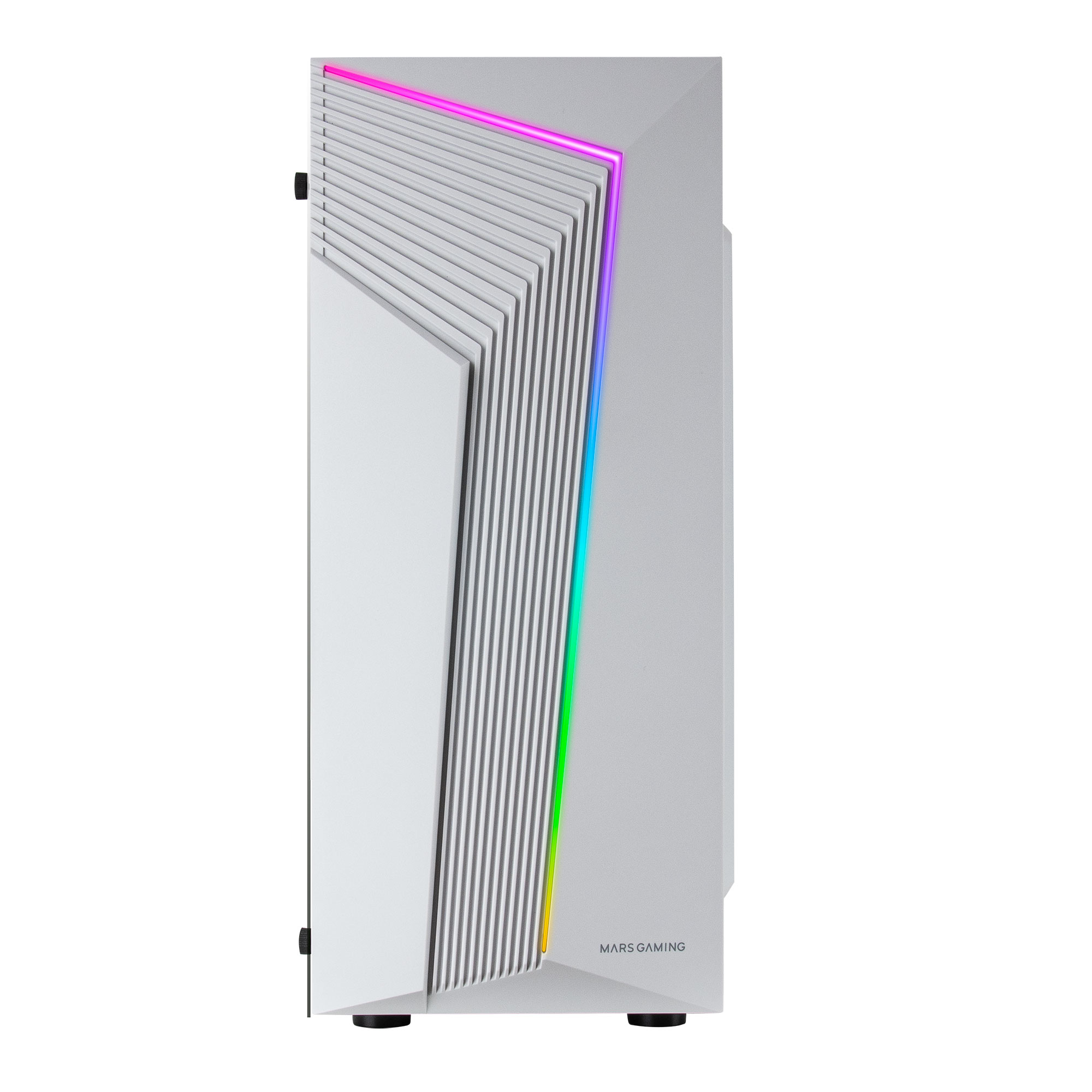 Weißes PC-Gehäuse. Hat vertikale Linien und Regenbogenlichter an der Seite. Mars Gaming Logo ist sichtbar.