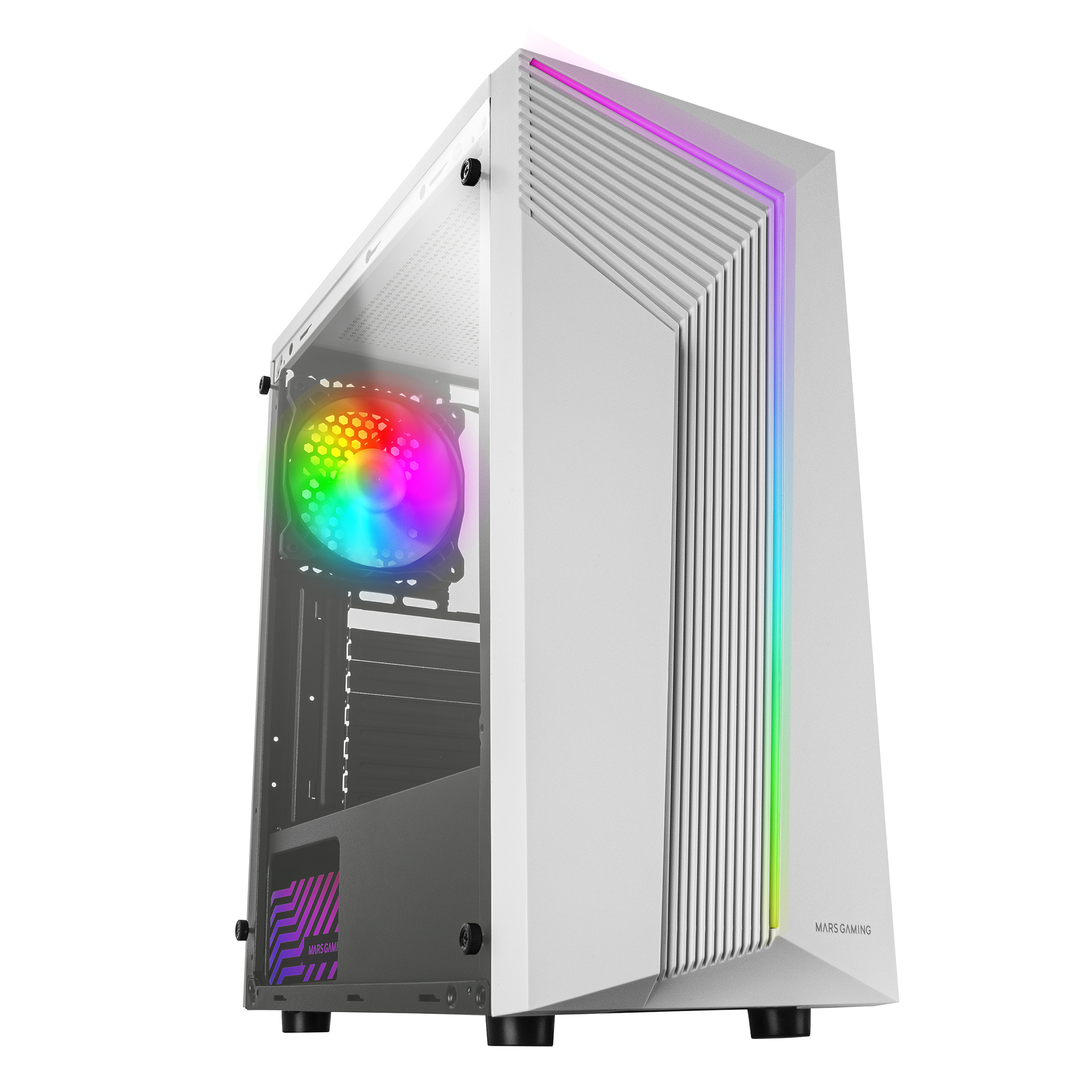 Weißes PC-Gehäuse mit RGB-Beleuchtung. Hat eine transparente Glas-Seitenwand. RGB-Lüfter sichtbar.