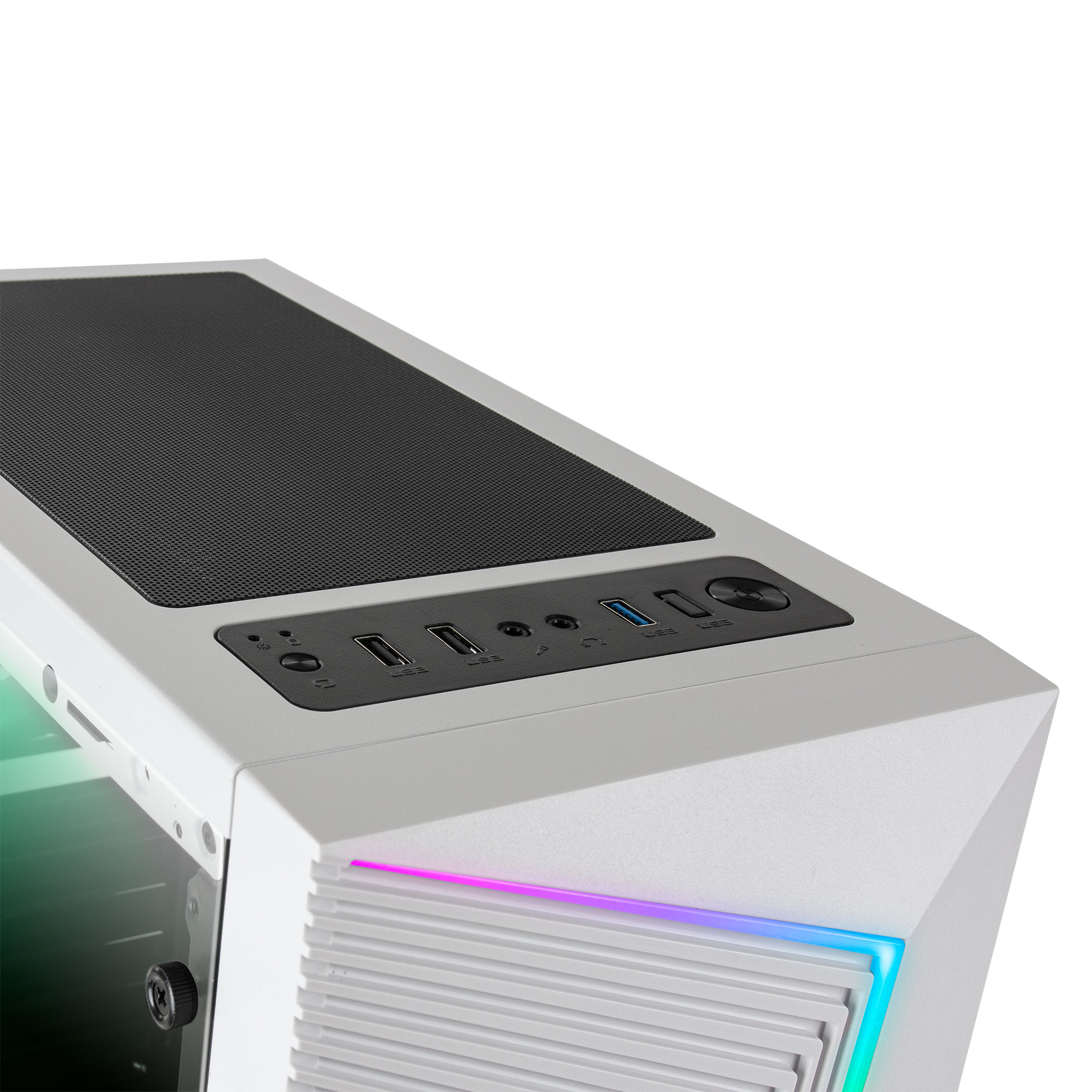 Weißes PC-Gehäuse, schräge Ansicht, zeigt die obere Platte mit Anschlüssen und RGB-Beleuchtung vorne.