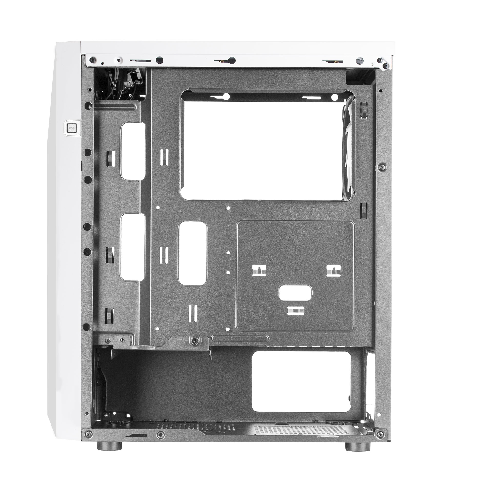 Weißes Computergehäuse-Innenraum, mit Platz für Komponenten und Lüftungsschlitze. Klares, minimalistisches Design.