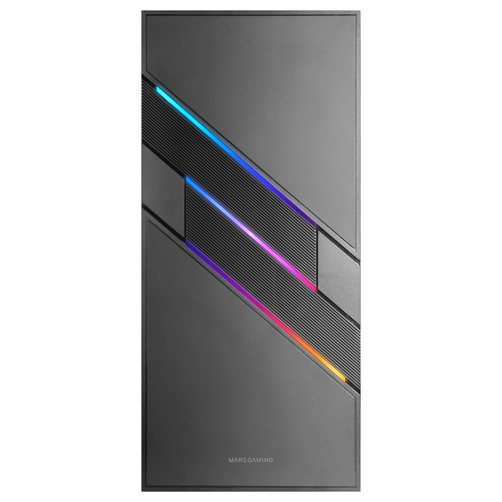 Case per PC grigio con illuminazione RGB. L'illuminazione è in linee diagonali.