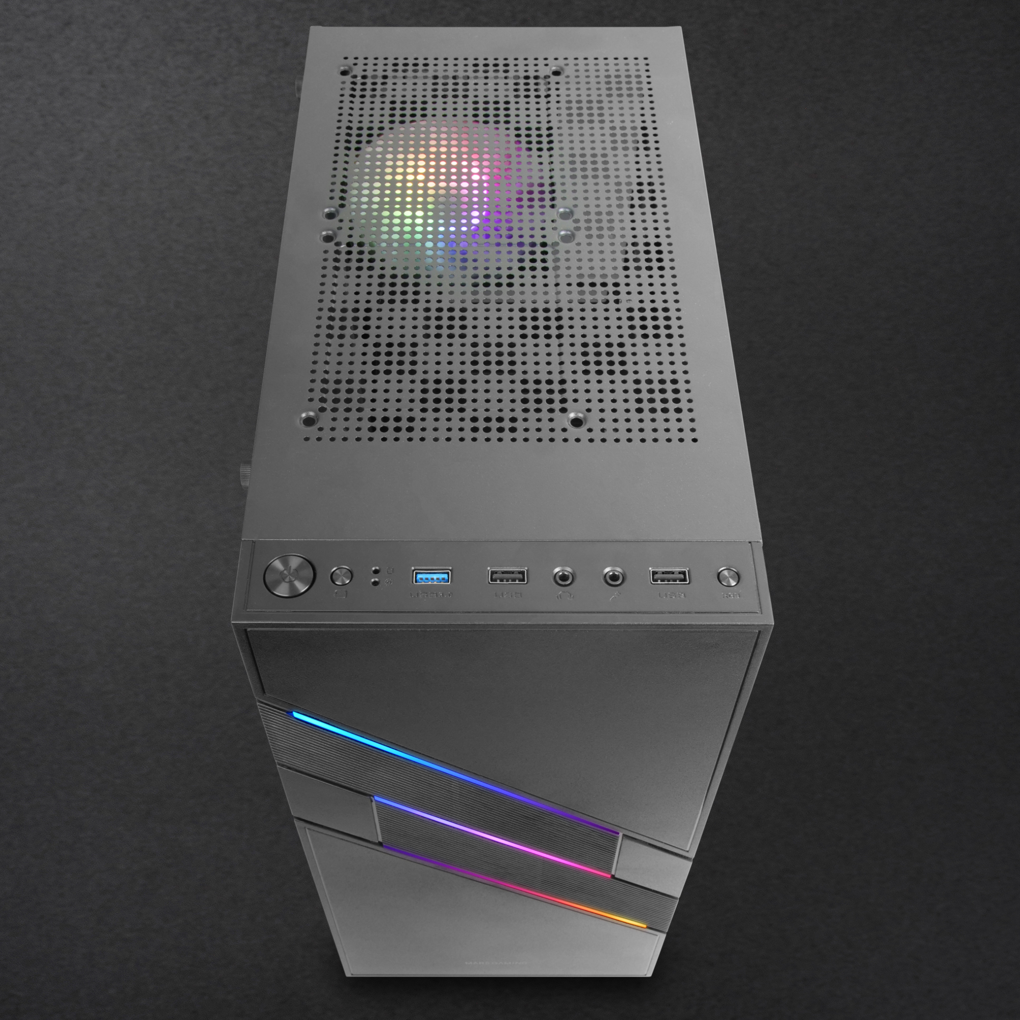 Un case PC grigio con parte superiore perforata e pannello frontale con strisce LED colorate.
