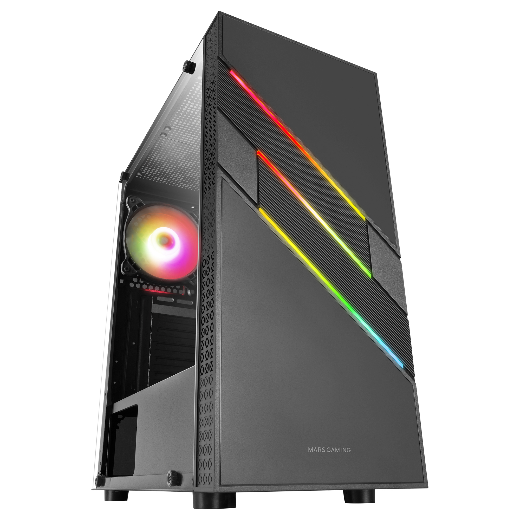 Case per computer nero con luci RGB. Pannello laterale in vetro e logo Mars Gaming.
