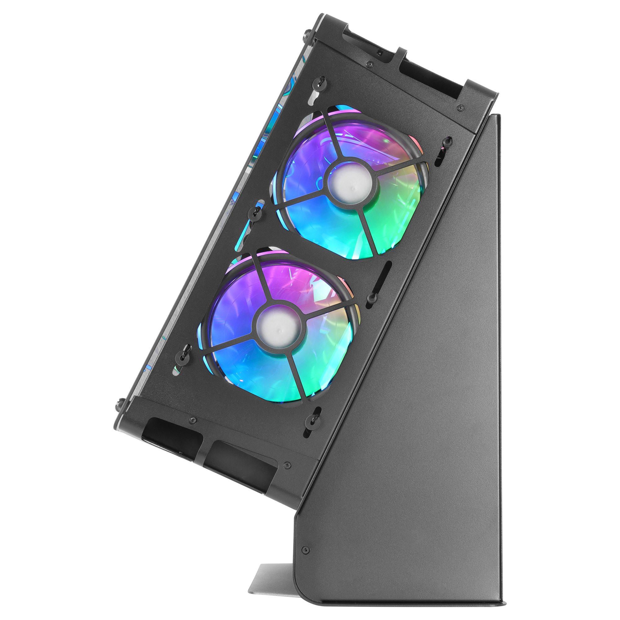 Case per PC nero con due ventole con luci arcobaleno. Il case è inclinato.