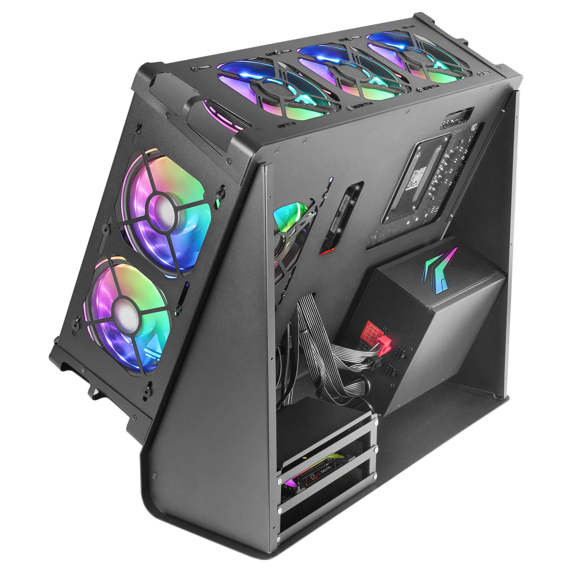Vista angolata di un case PC nero con lato aperto e componenti interni con ventole RGB.
