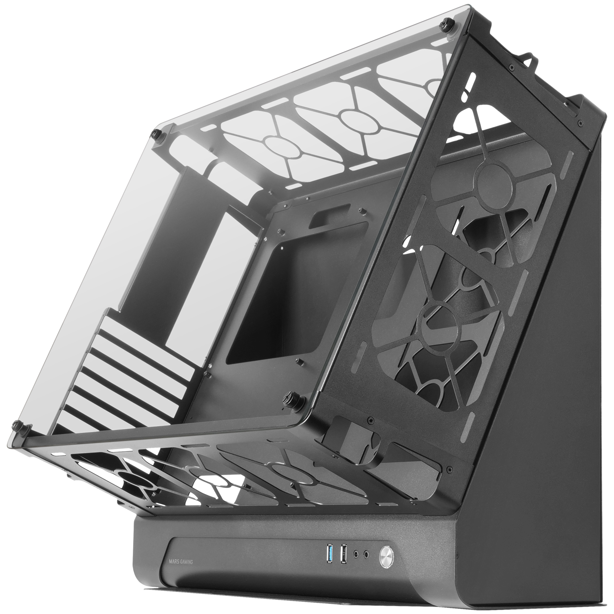 Case per computer nero con pannello in vetro aperto. Componenti interni visibili. Vista angolata.