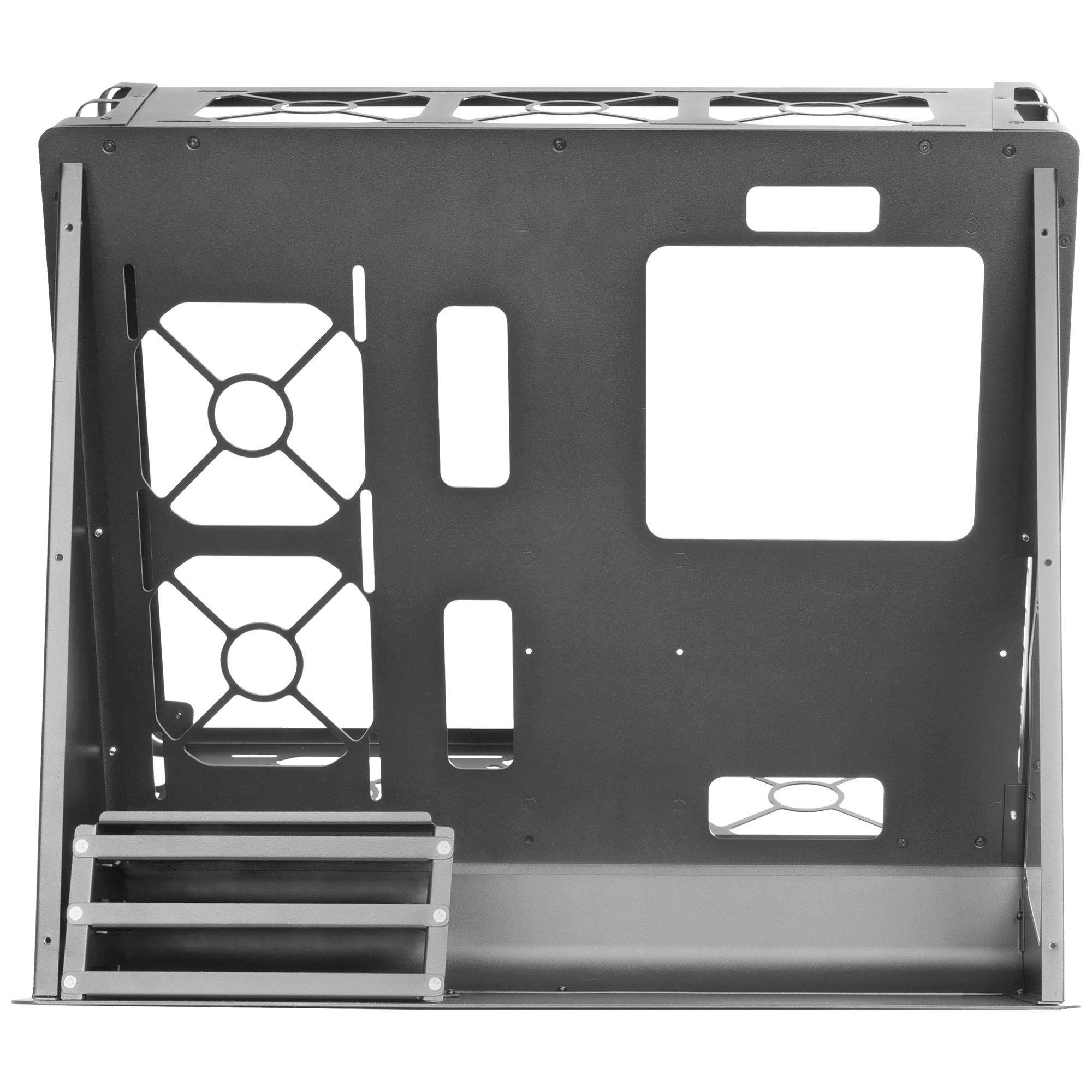 Pannello posteriore del case del computer. Dispone di supporti per ventole e aperture per componenti.