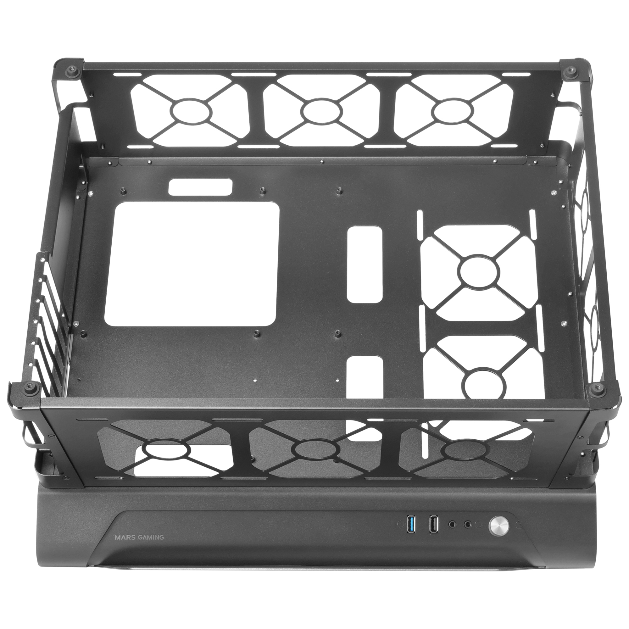 Telaio del case PC nero. Vista dall'alto. Fori per ventole e componenti. Logo MARS GAMING.