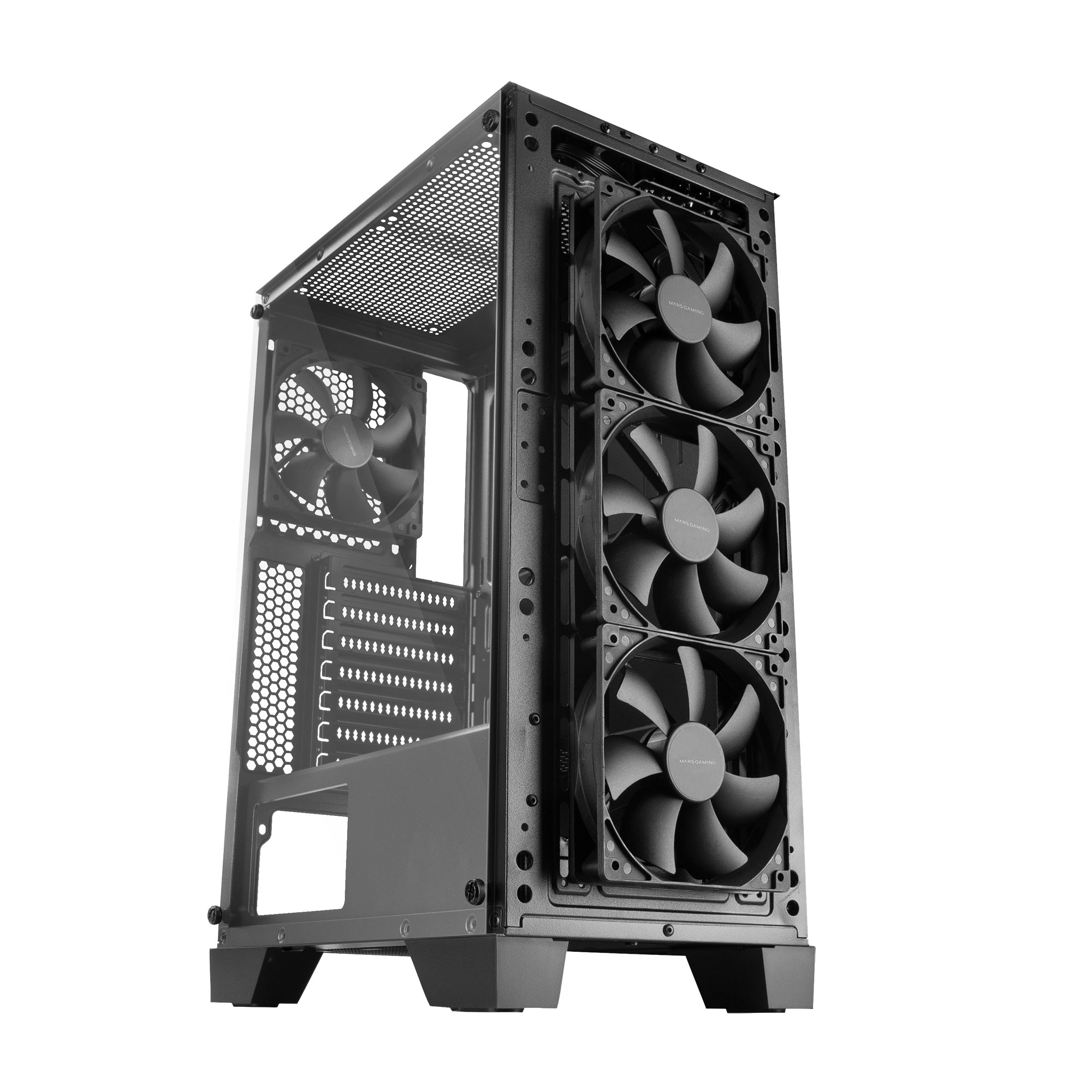 Case per PC nero con tre ventole. Pannello frontale a rete, pannello laterale in vetro.