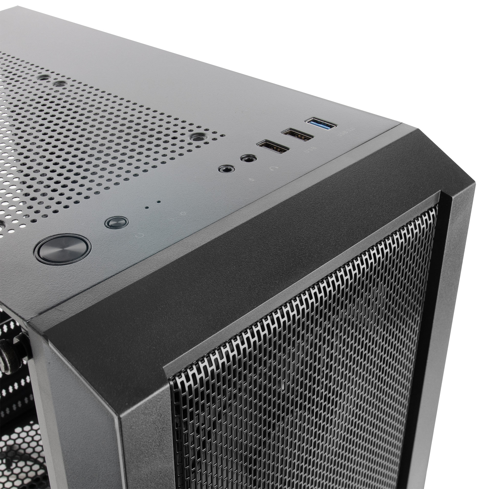 Primo piano della parte superiore di un case per computer nero con porte, fori di ventilazione e un pulsante di accensione.