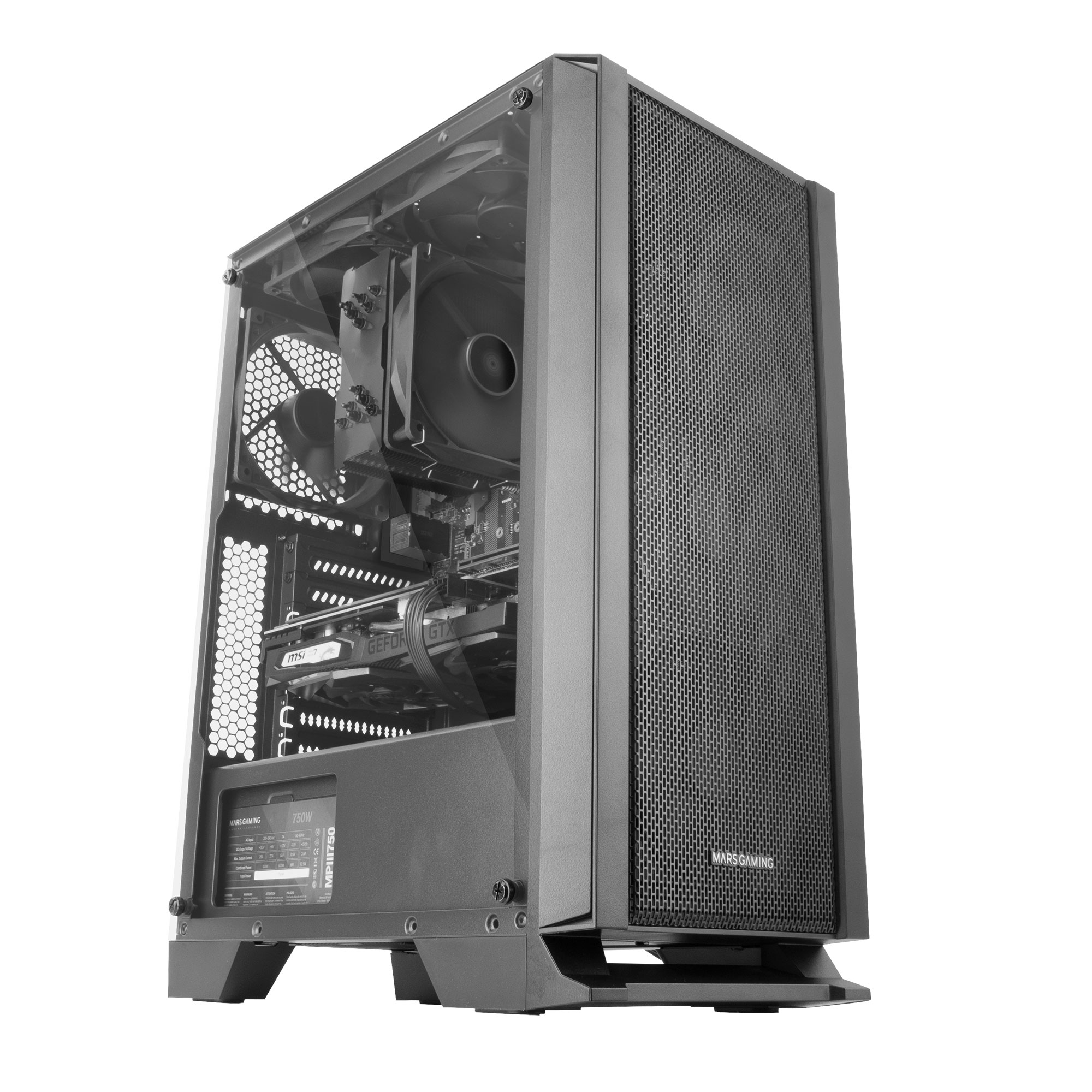 Case PC nero con pannello laterale in vetro. Componenti visibili all'interno, inclusa una scheda grafica.