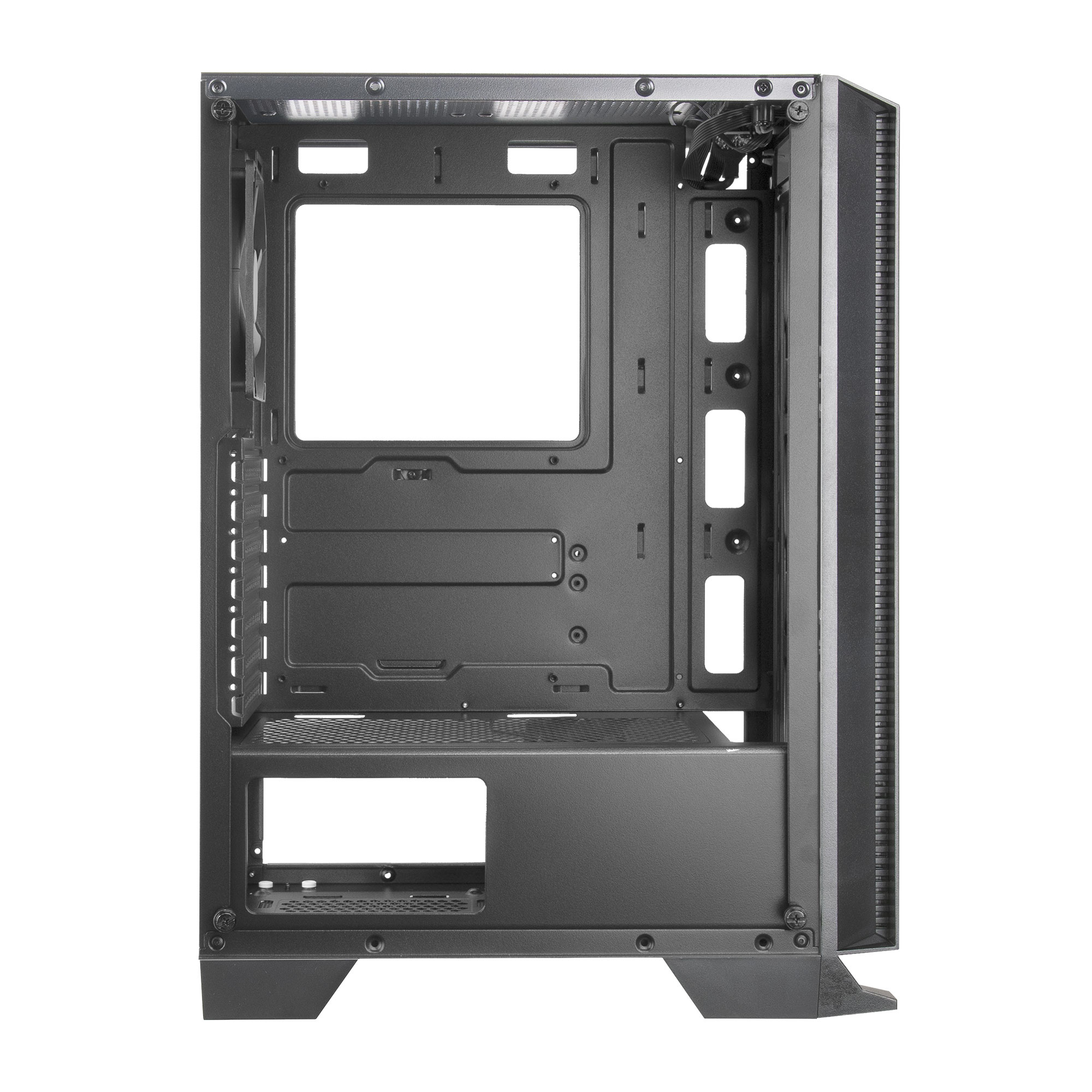 Interno del case del computer nero. Mostra slot, aperture e punti di montaggio. Pronta per i componenti.